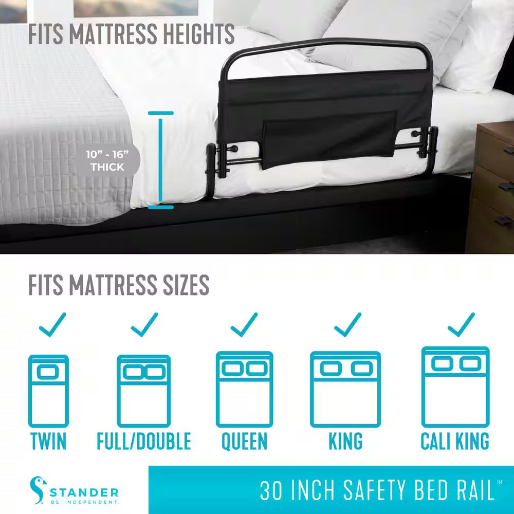 30 In. Safety Bed Rail with Swing-Down Assist Handle and Padded Pouch in Black