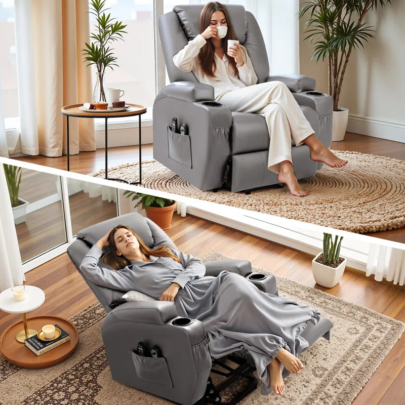 Electric Power Lift Recliner Chair with Massage for Elderly, PU Leather Home Theater Seat with Side Pockets and 2 Cup Holders Ergonomic Lounge Chair Single Sofa for Home Living Room