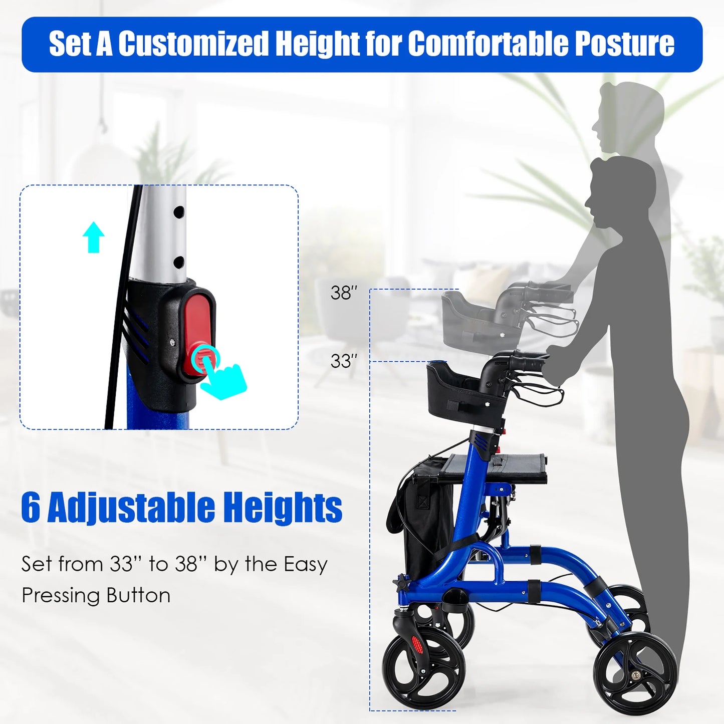Rollator Walker W/ Seat, Folding Aluminum Rolling Walker W/ 8-Inch Wheels, Blue