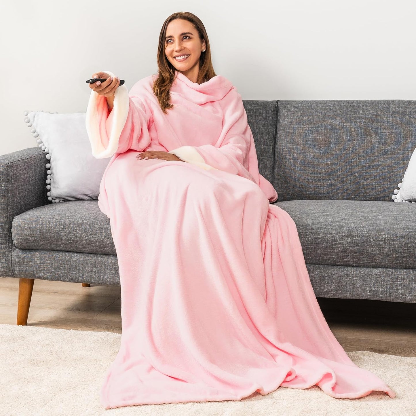 Fleece Blanket with Sleeves for Women Men Adults, Wearable Blanket Warm Soft Plush, Snuggle Pocket Sleeved TV Throw Wrap, Cozy White Elephant Gifts Ideas for Mom Wife, Light Pink