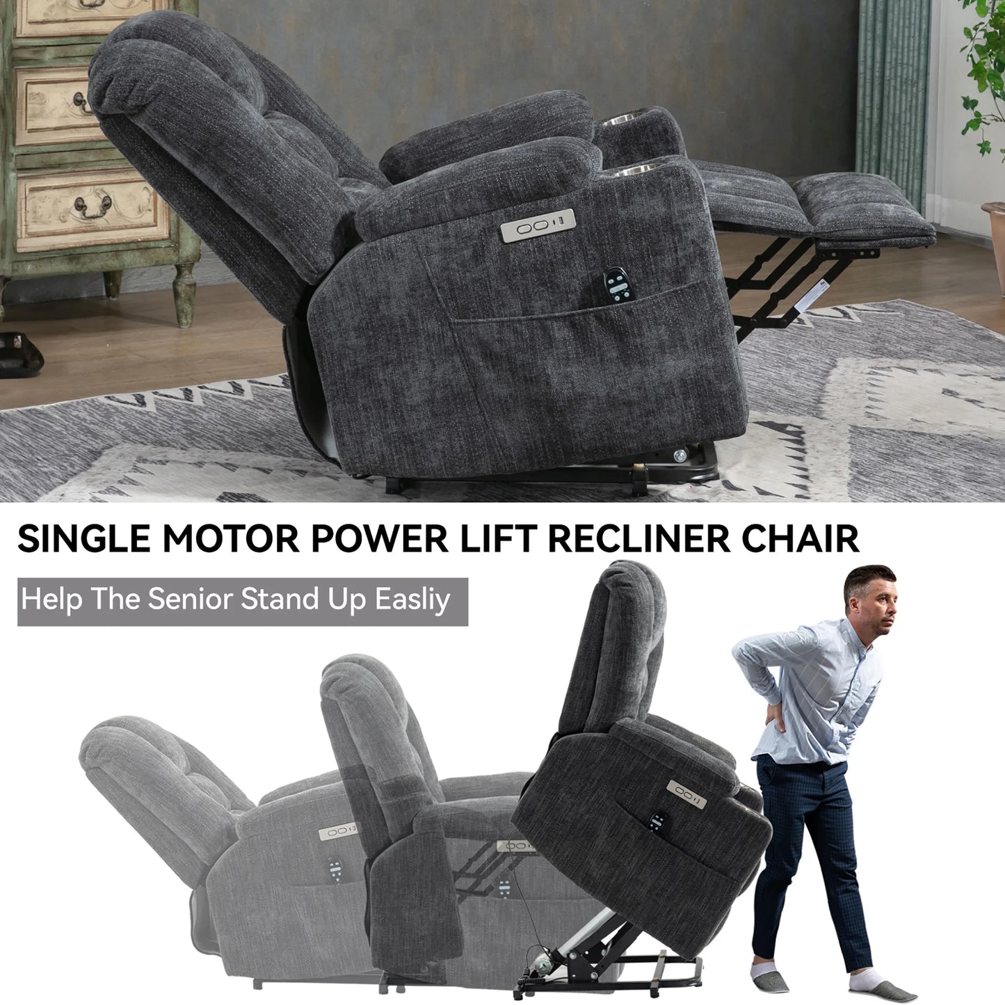Power Lift Recliner Chair with Massage and Heat for Adult, Heavy Duty Reclining with USB Port and 2 Cup Holders, Living Room Overstuffed Wide Single Sofa Home Theater, Gray