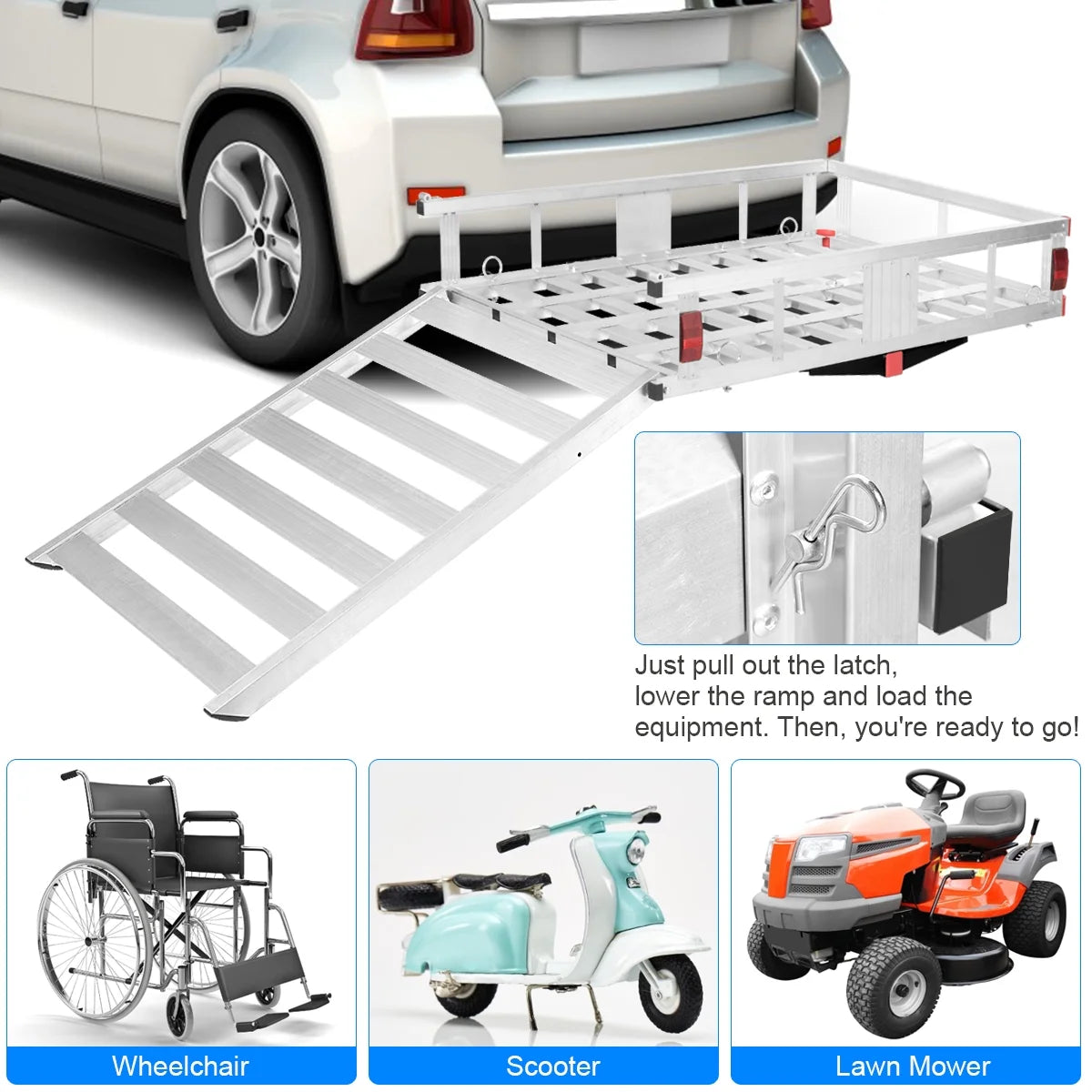50'' X 29.5'' Aluminum Cargo Carrier with Ramp Hitch-Mounted Mobility Carrier Hauler