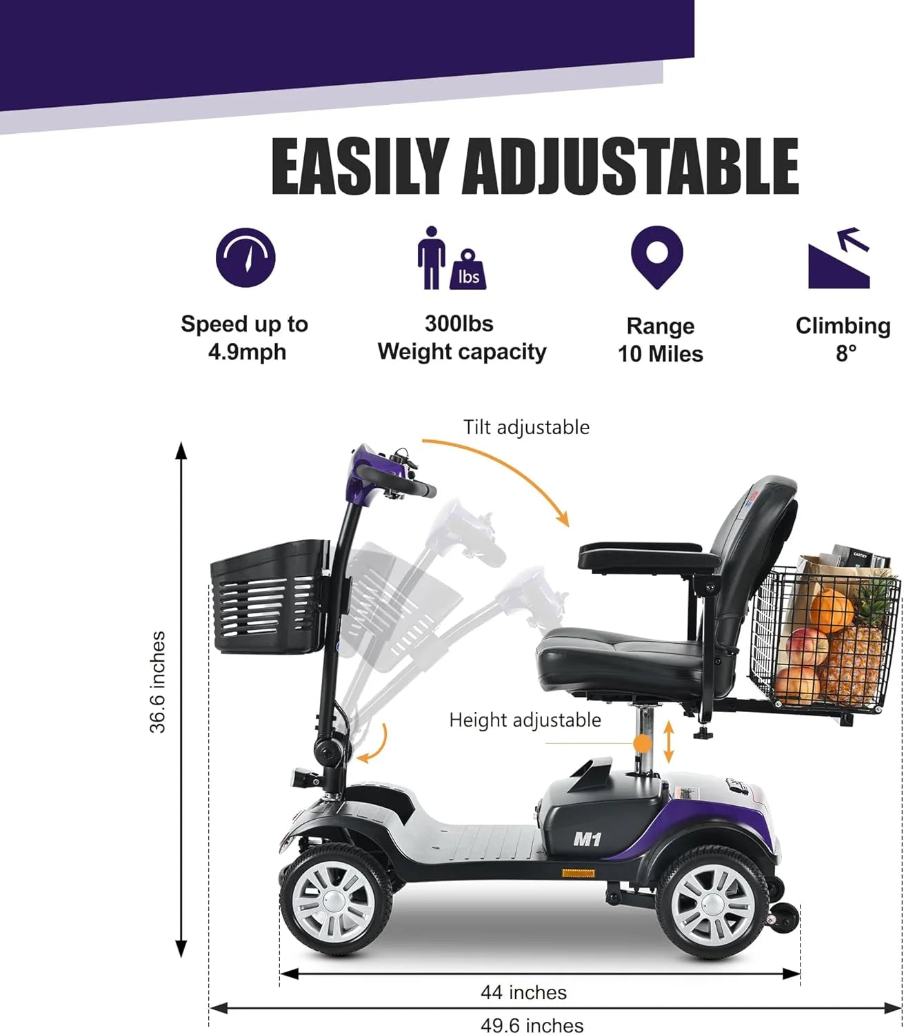 Electric Mobility Scooters for Adults and Seniors - 300 Lbs Max Weight, 4-Wheel Powered Mobility Scooters,Folding Mobility Scooter Lightweight for Travel, Elderly(With Head Light-Dark Purple)
