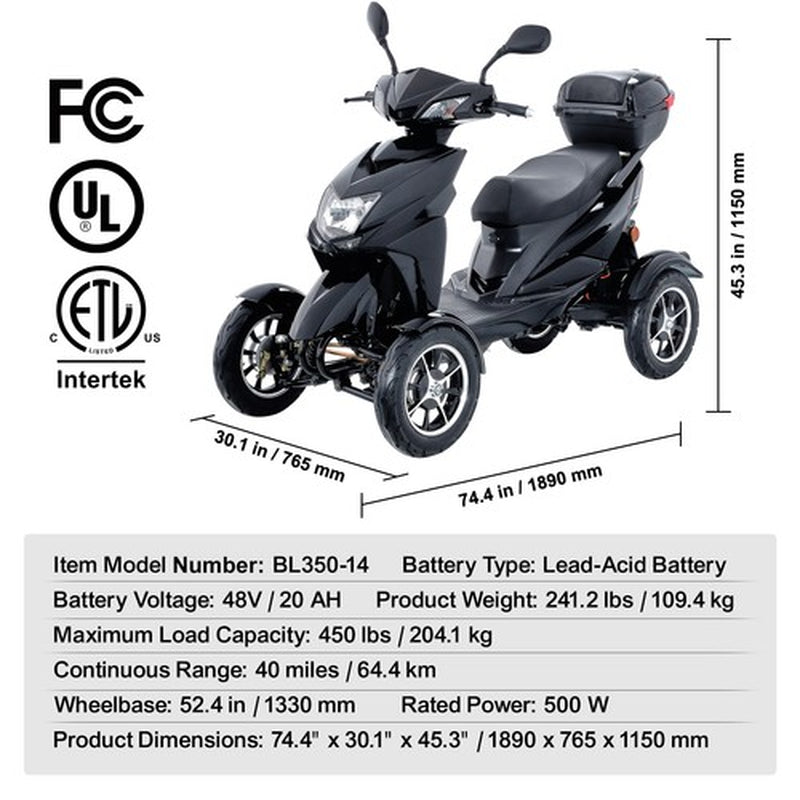 Heavy Duty 4-Wheel Mobility Scooters 40 Miles 3-Speed 500W 450Lbs Capacity