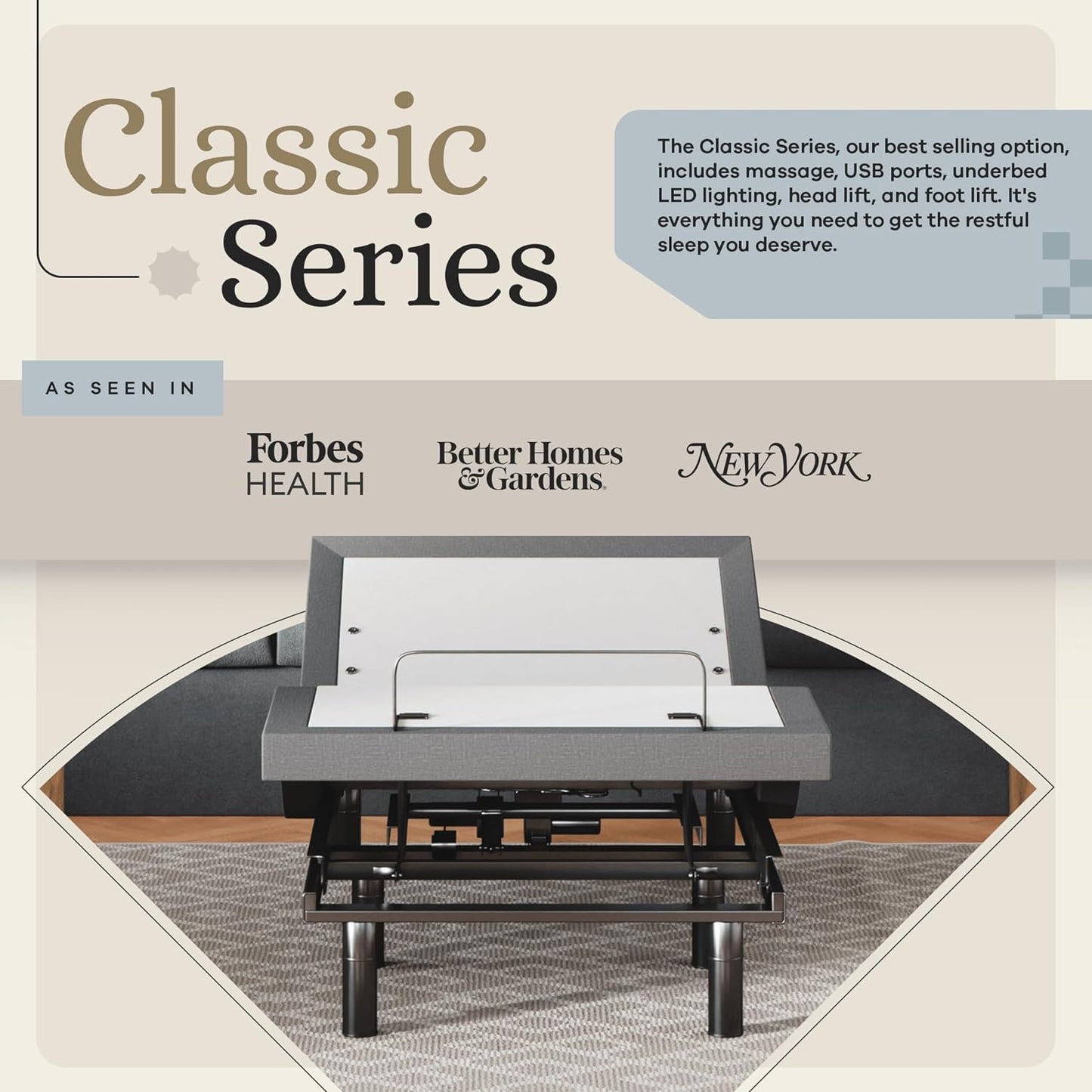 Classic Adjustable Bed Base, Head and Foot Lift, Massage, Under-Bed Lights, USB, Gel Memory, Zero Gravity Smart Frame - Twin XL