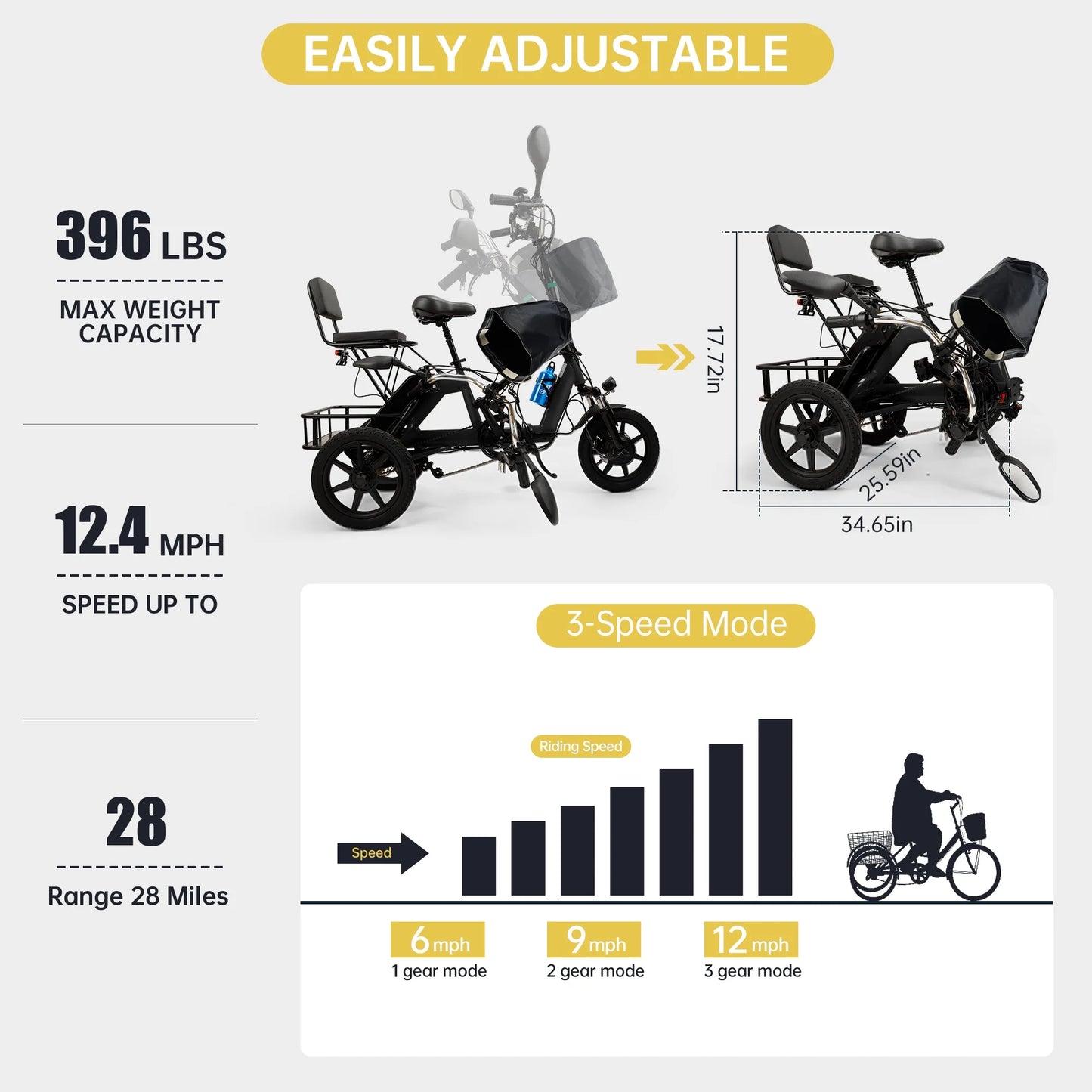 Foldable 3 Wheel Electric Tricycle 350W 48V Electric Trike with Front & Rear Basket for Men Women Adult Senior Black UL2849