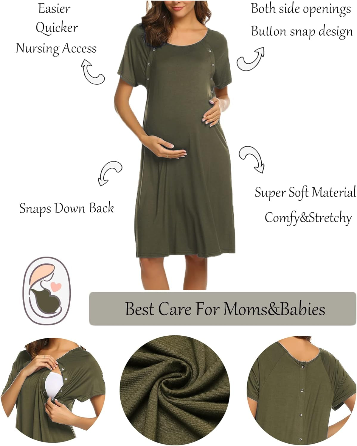 Women’S Nursing/Delivery/Labor/Hospital Nightdress Short Sleeve Maternity Nightgown with Button S-XXL
