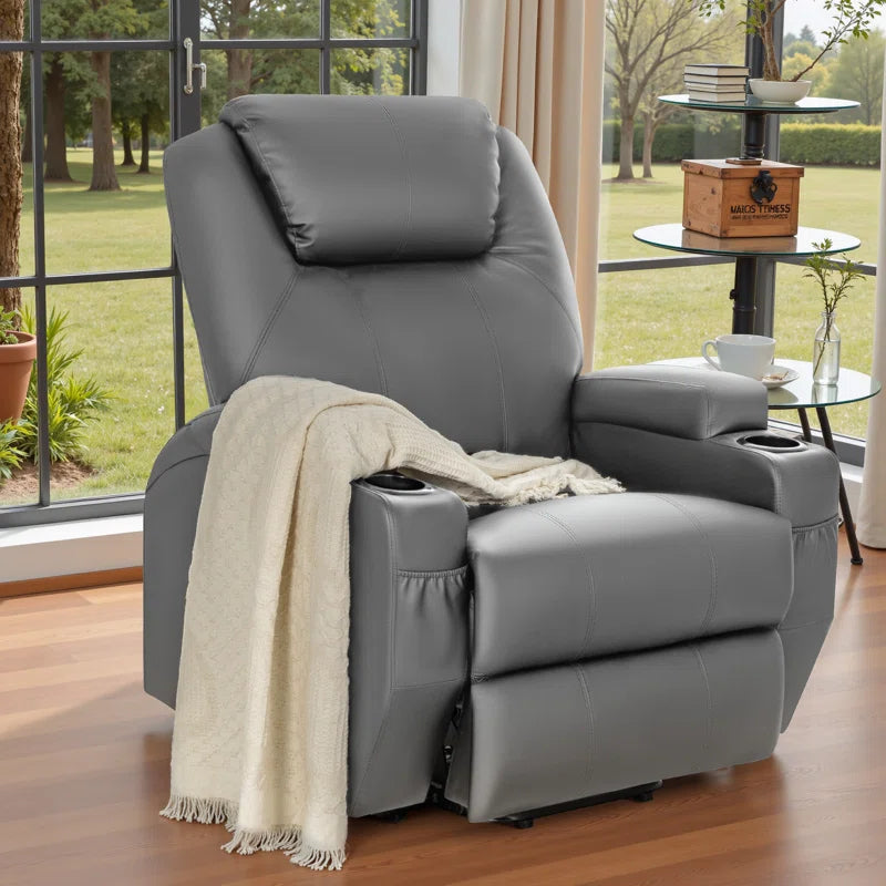 Electric Power Lift Recliner Chair with Massage for Elderly, PU Leather Home Theater Seat with Side Pockets and 2 Cup Holders Ergonomic Lounge Chair Single Sofa for Home Living Room