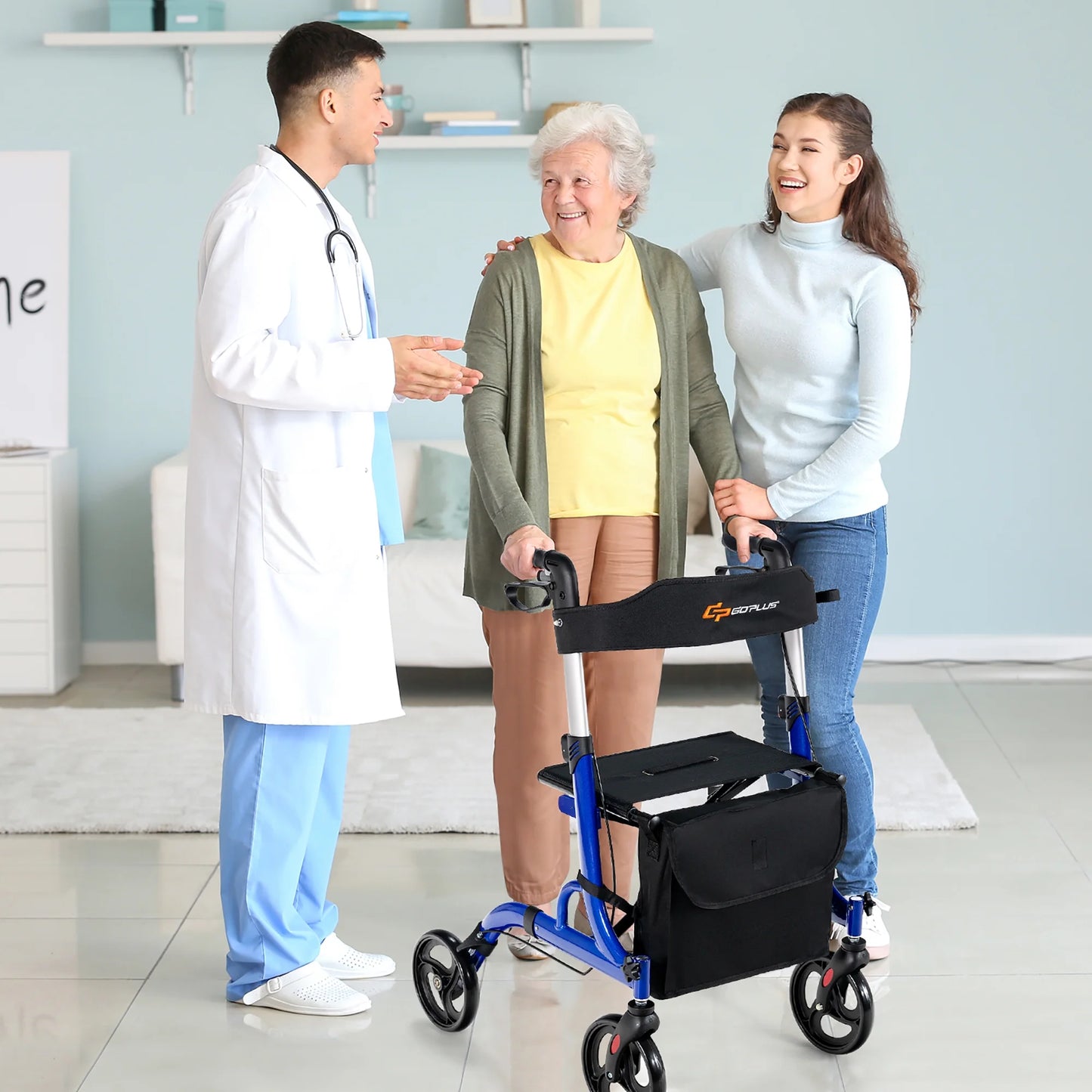 Rollator Walker W/ Seat, Folding Aluminum Rolling Walker W/ 8-Inch Wheels, Blue