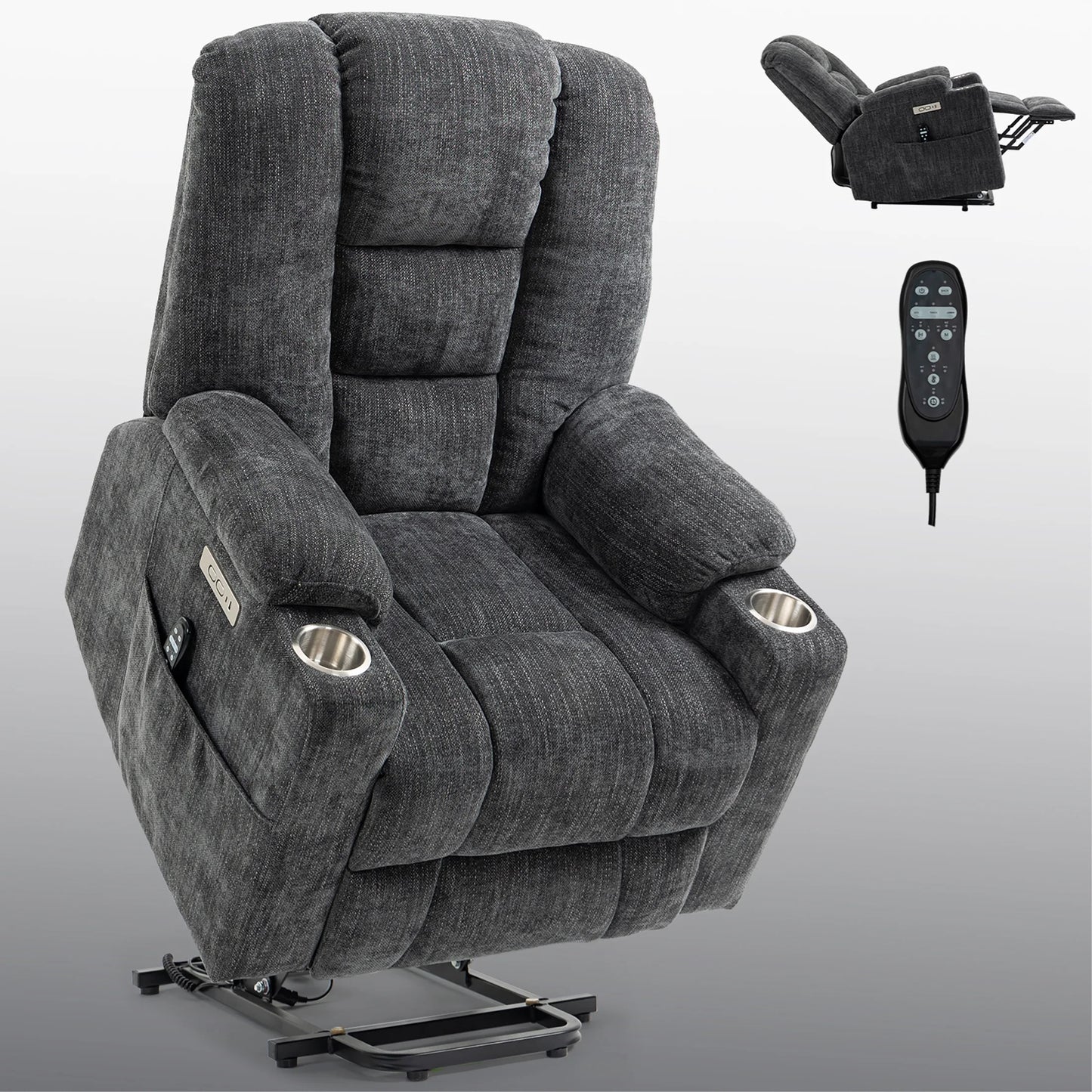 Power Lift Recliner Chair with Massage and Heat for Adult, Heavy Duty Reclining with USB Port and 2 Cup Holders, Living Room Overstuffed Wide Single Sofa Home Theater, Gray