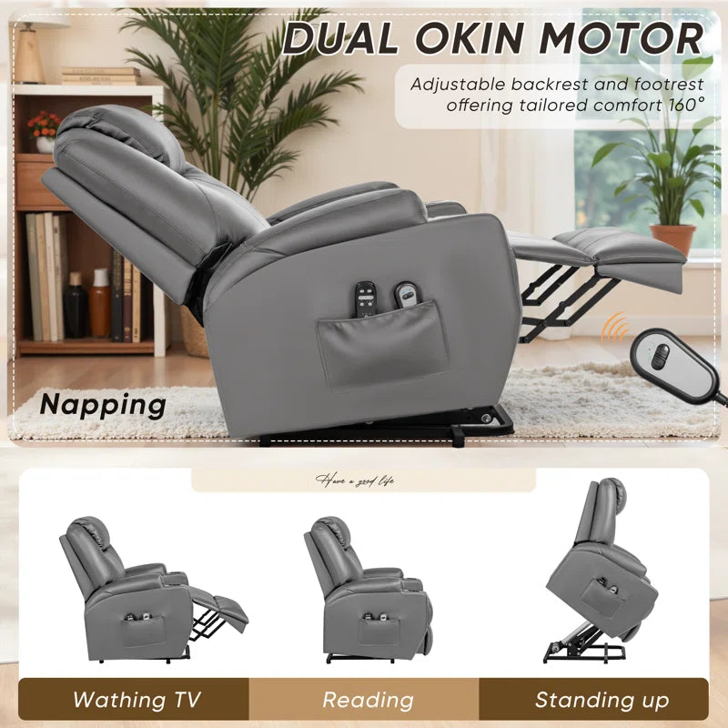 Electric Power Lift Recliner Chair with Massage for Elderly, PU Leather Home Theater Seat with Side Pockets and 2 Cup Holders Ergonomic Lounge Chair Single Sofa for Home Living Room