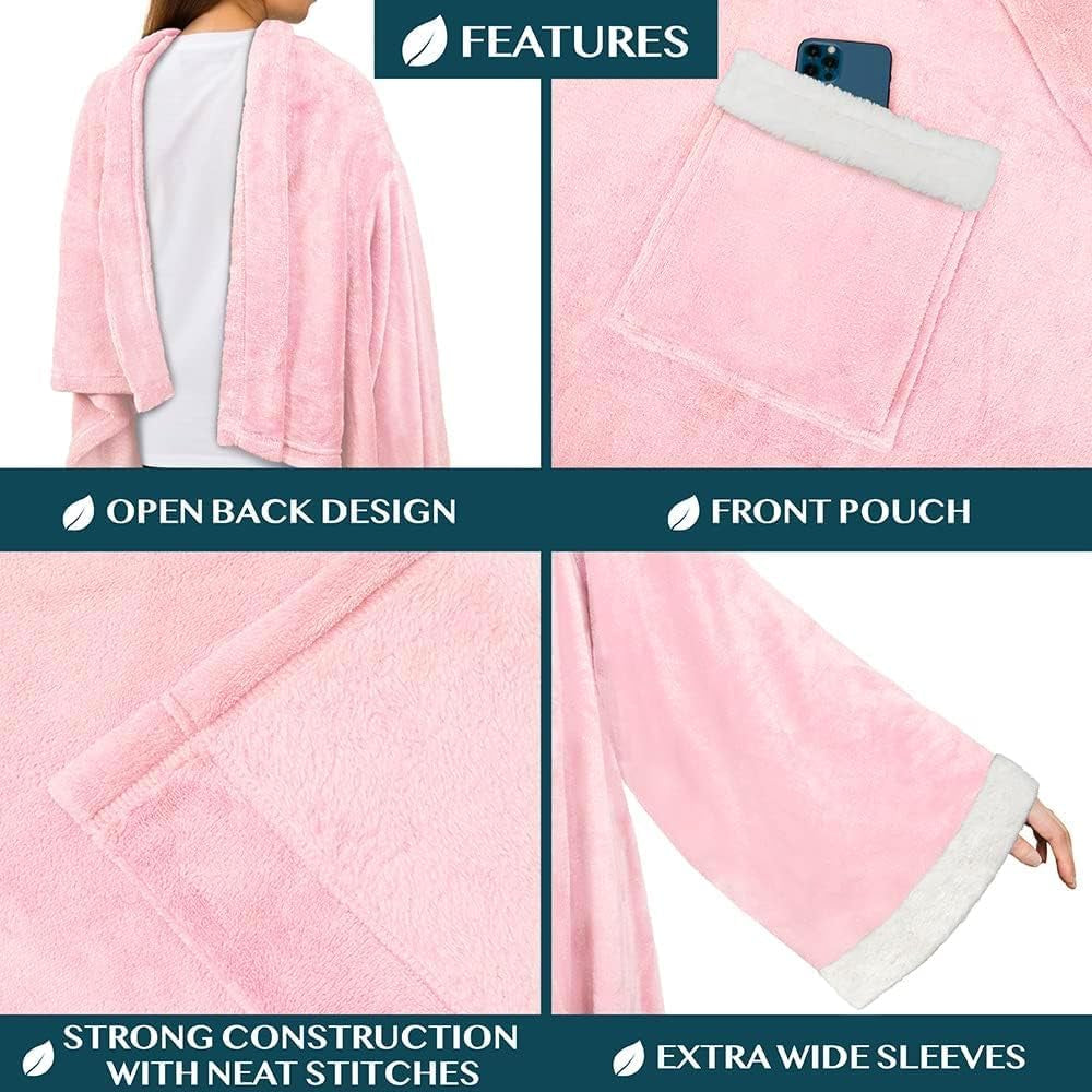 Fleece Blanket with Sleeves for Women Men Adults, Wearable Blanket Warm Soft Plush, Snuggle Pocket Sleeved TV Throw Wrap, Cozy White Elephant Gifts Ideas for Mom Wife, Light Pink