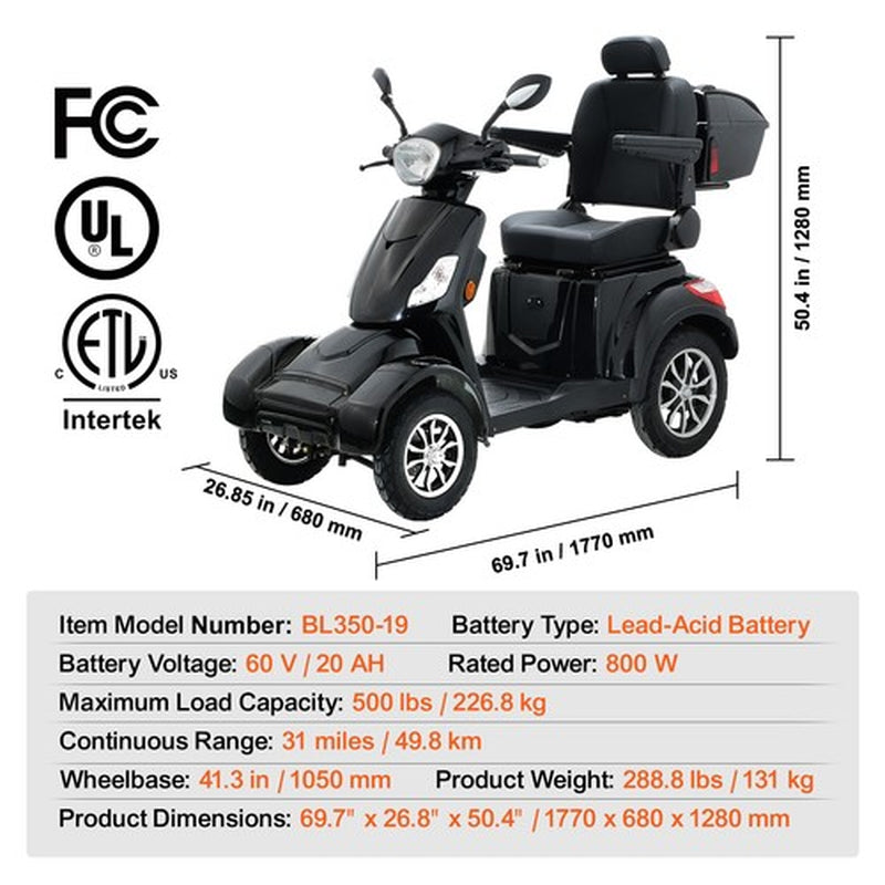 Heavy Duty 4-Wheel Mobility Scooters 31 Miles 3-Speed 800W 500Lbs Capacity