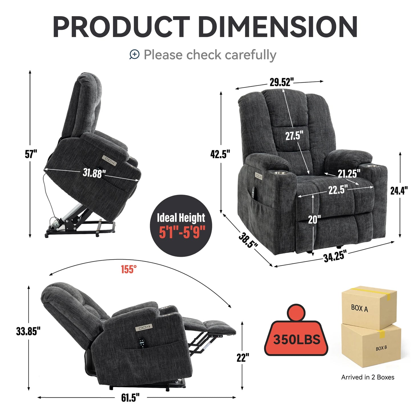 Power Lift Recliner Chair with Massage and Heat for Adult, Heavy Duty Reclining with USB Port and 2 Cup Holders, Living Room Overstuffed Wide Single Sofa Home Theater, Gray