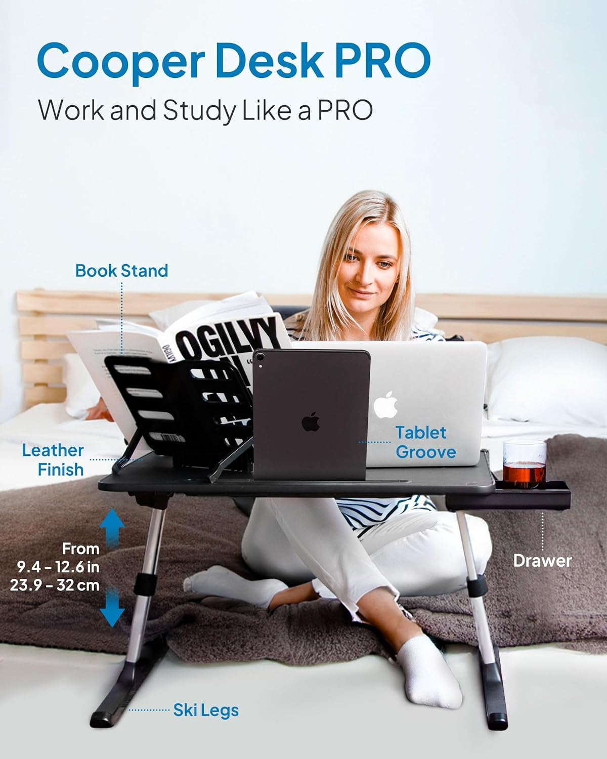 Cooper Desk PRO - Leather Height Adjustable Laptop Table | Bed Desk, Adjustable Lap Desk, Portable, Laptop Stand, Floor Desk (Midnight Black)