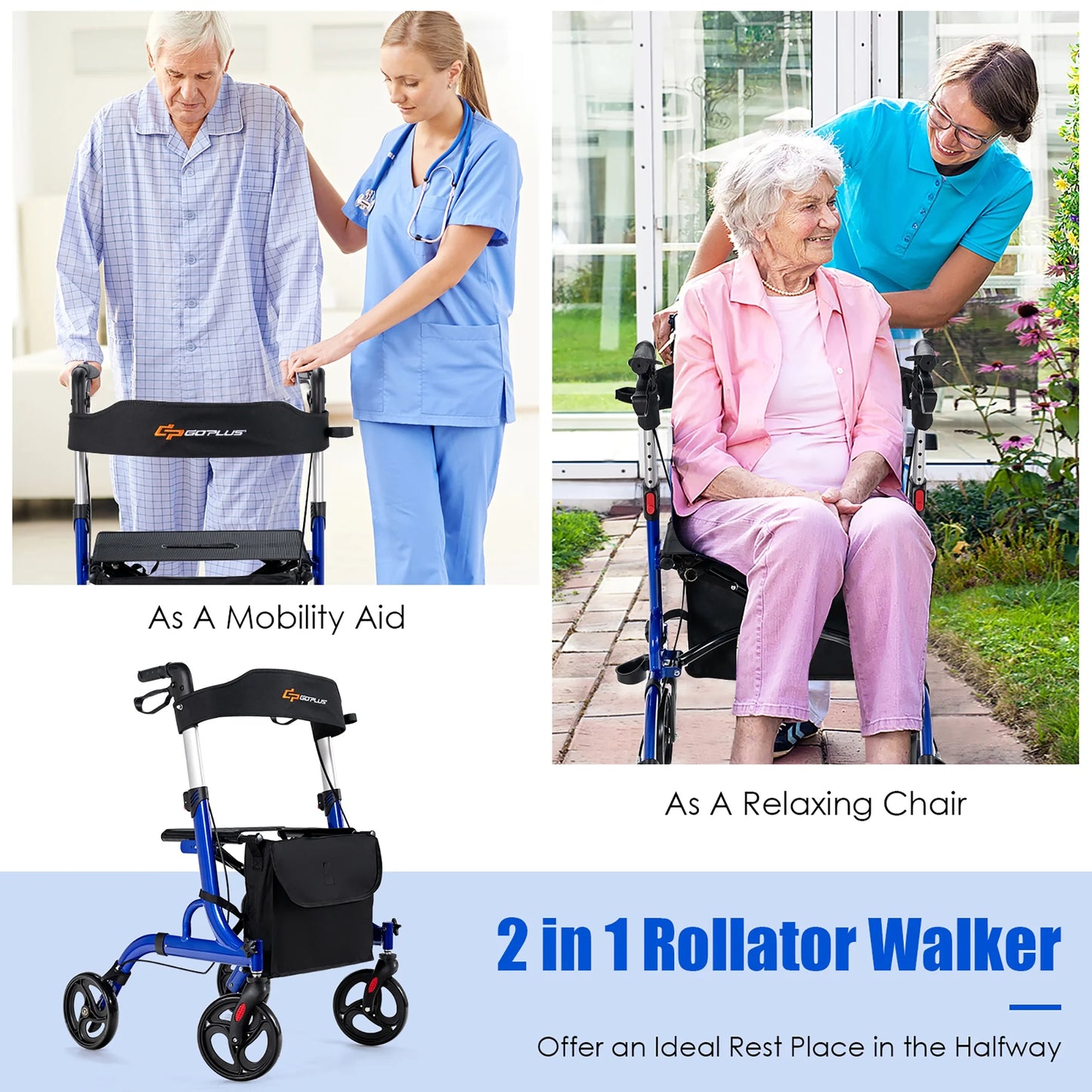 Rollator Walker W/ Seat, Folding Aluminum Rolling Walker W/ 8-Inch Wheels, Blue