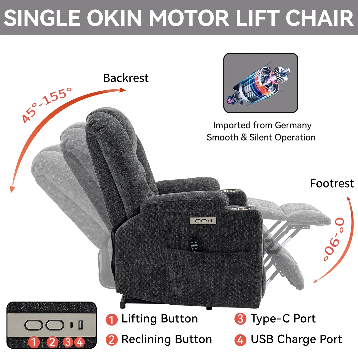 Power Lift Recliner Chair with Massage and Heat for Adult, Heavy Duty Reclining with USB Port and 2 Cup Holders, Living Room Overstuffed Wide Single Sofa Home Theater, Gray