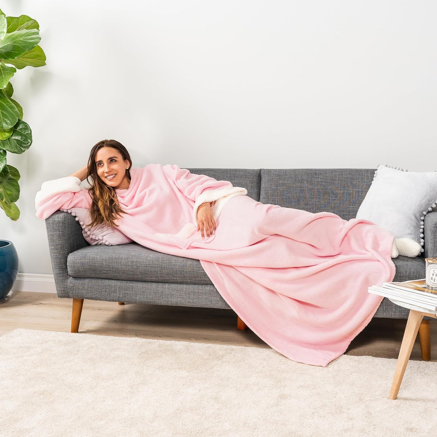 Fleece Blanket with Sleeves for Women Men Adults, Wearable Blanket Warm Soft Plush, Snuggle Pocket Sleeved TV Throw Wrap, Cozy White Elephant Gifts Ideas for Mom Wife, Light Pink