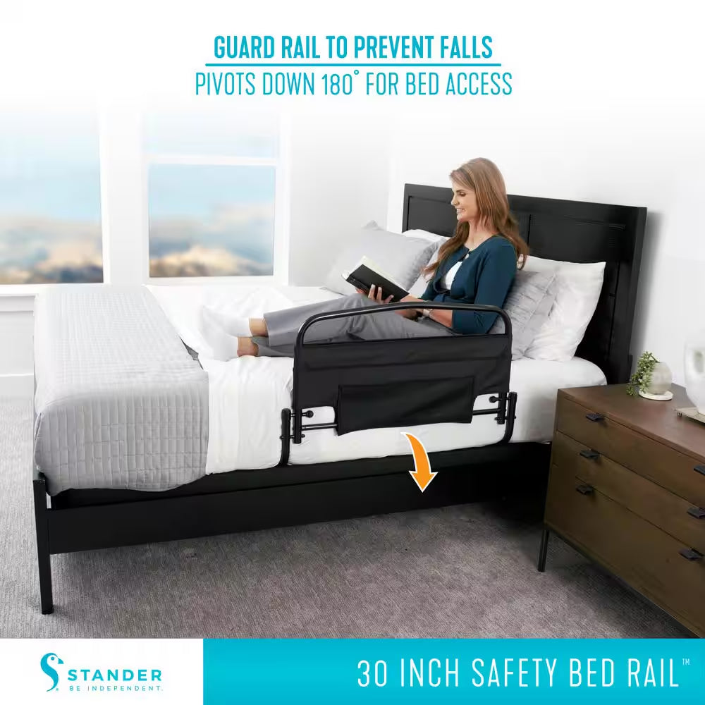30 In. Safety Bed Rail with Swing-Down Assist Handle and Padded Pouch in Black