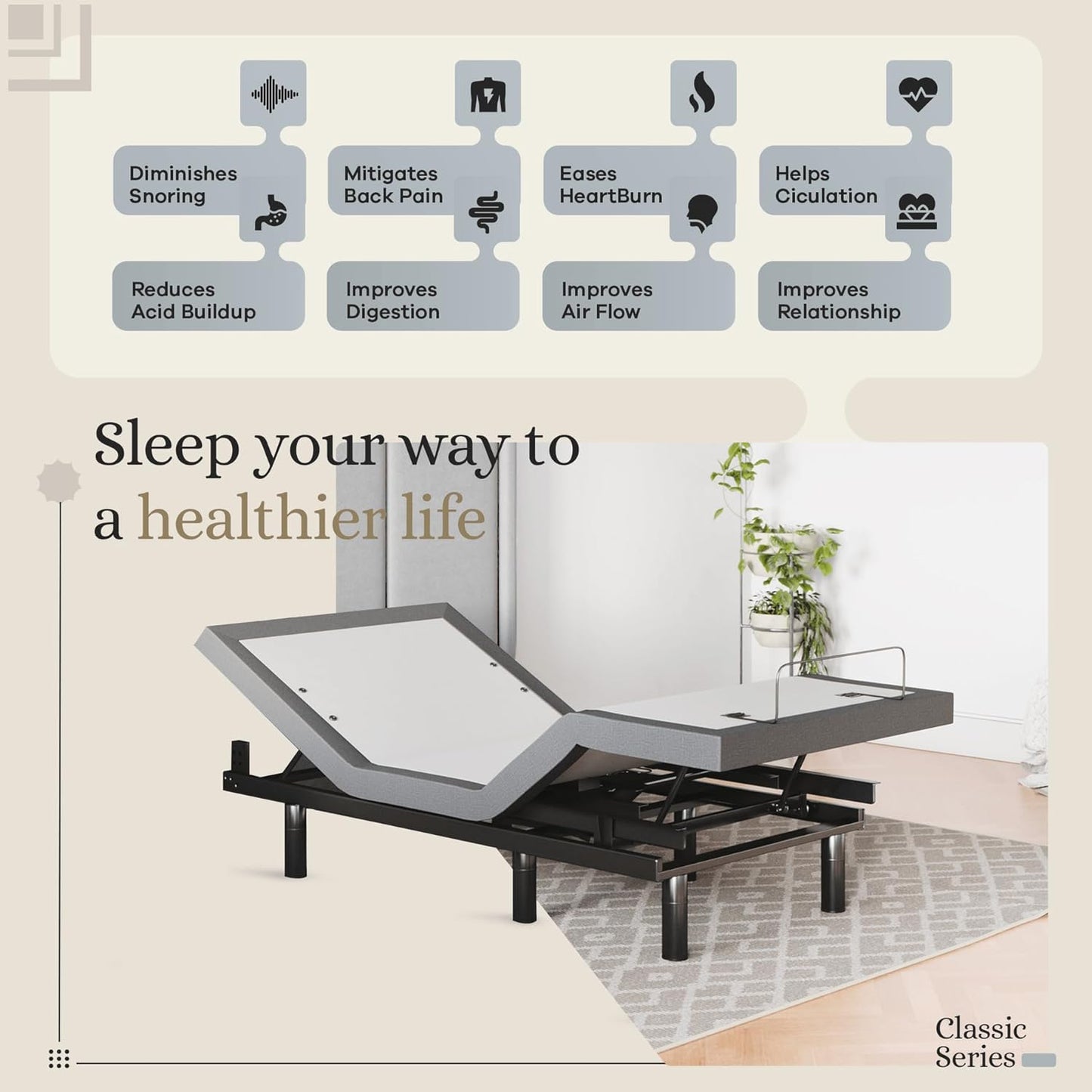 Classic Adjustable Bed Base, Head and Foot Lift, Massage, Under-Bed Lights, USB, Gel Memory, Zero Gravity Smart Frame - Twin XL