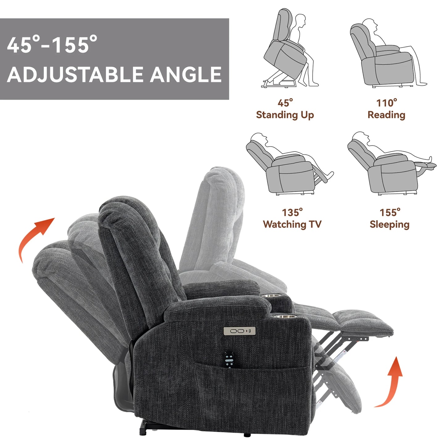 Power Lift Recliner Chair with Massage and Heat for Adult, Heavy Duty Reclining with USB Port and 2 Cup Holders, Living Room Overstuffed Wide Single Sofa Home Theater, Gray