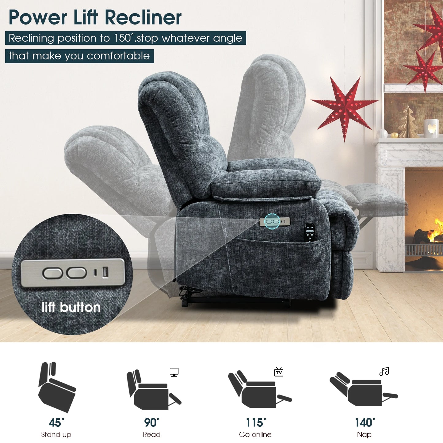 Power Lift Recliner Chair for Living Room,Extra Wide Recliner Massage Chair for Big and Tall People with Heated,Usb Charge Port,Infinite Position(Blue)
