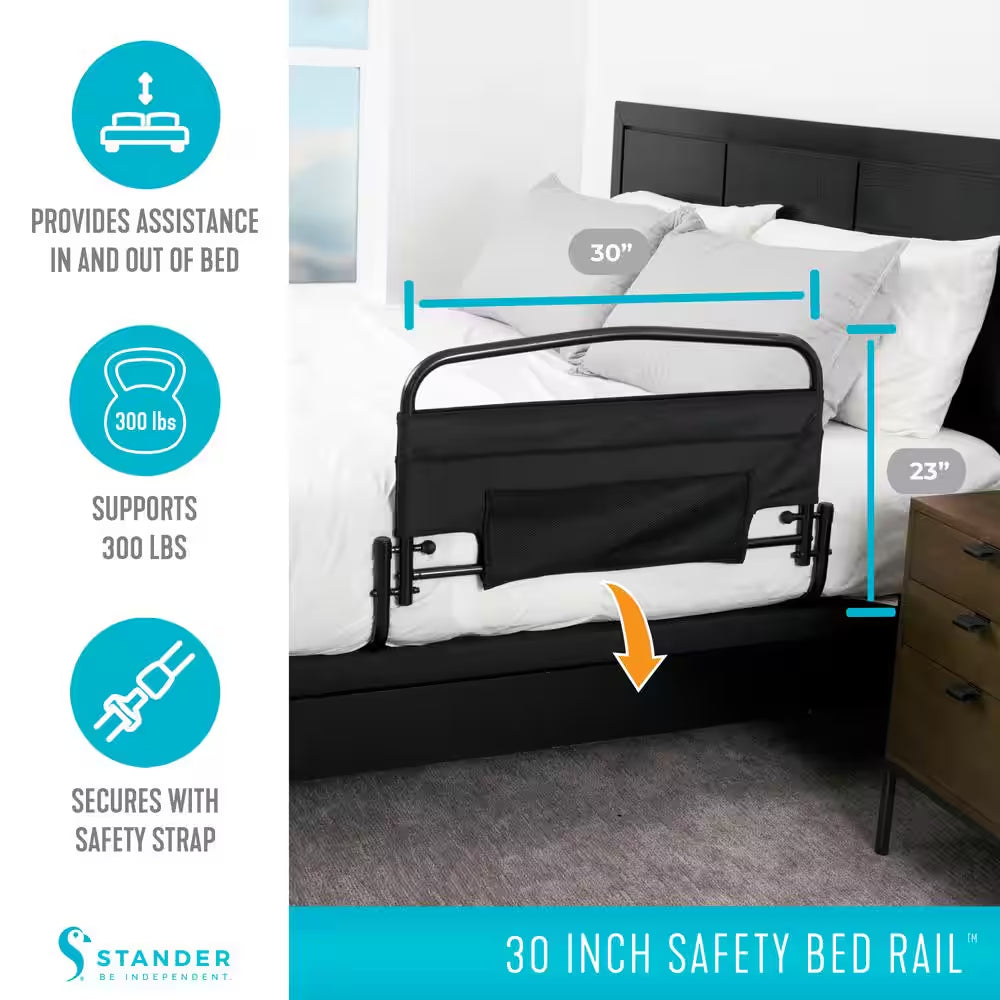 30 In. Safety Bed Rail with Swing-Down Assist Handle and Padded Pouch in Black
