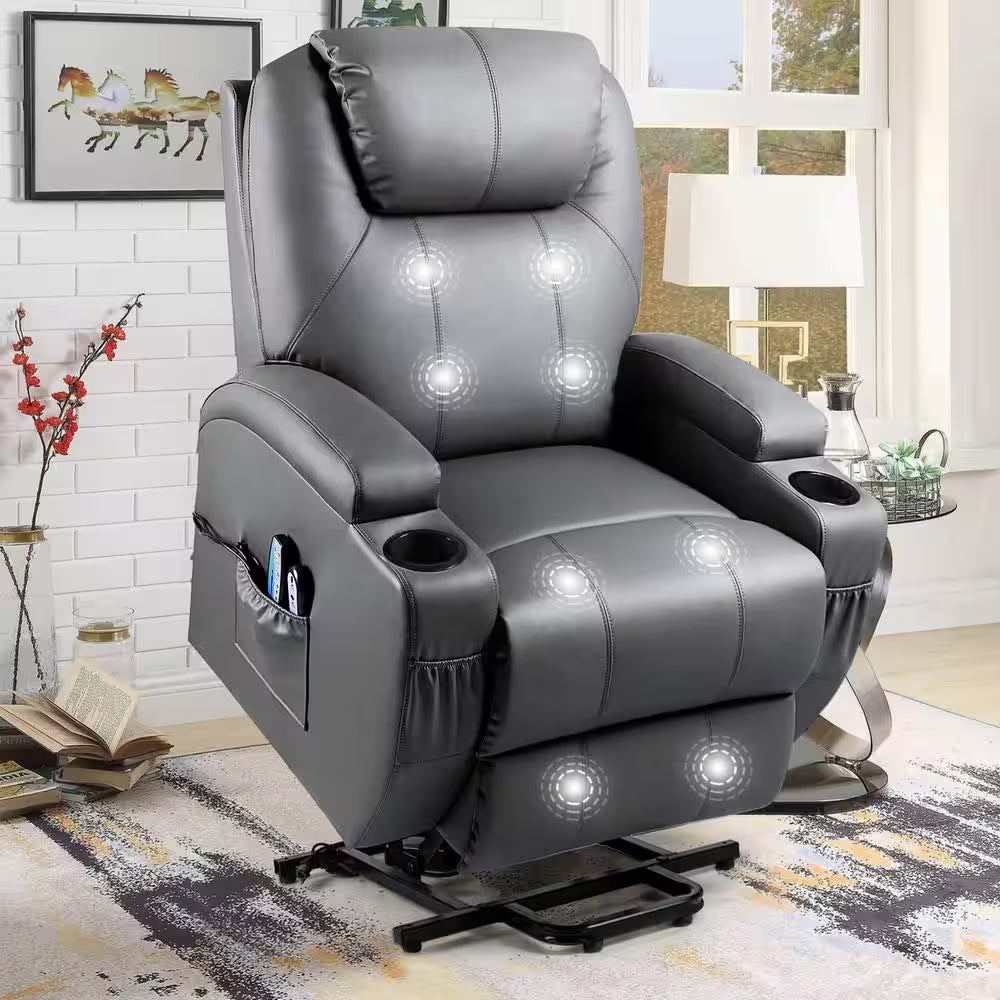 Gray Leather Power Lift Standard (No Motion) Recliner with Power Lift