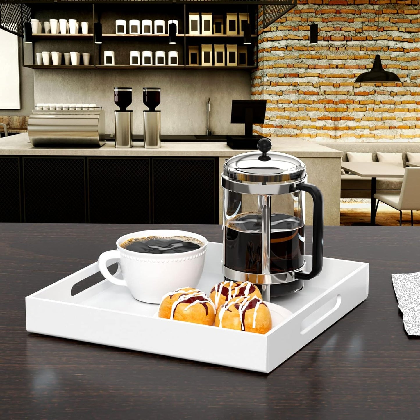 Acrylic Serving Tray 12X12 Inches -Spill Proof- White Decorative Tray Organiser for Ottoman Coffee Table Countertop with Handles
