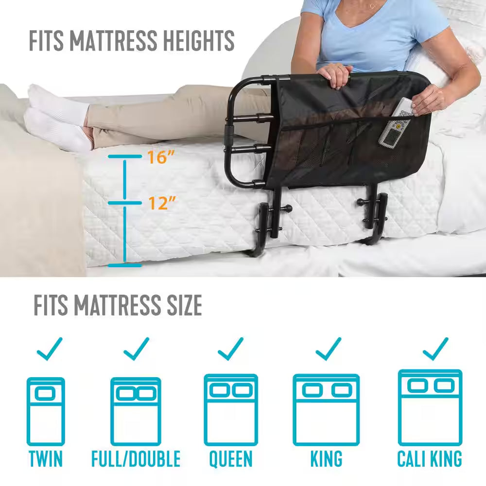 26 In. to 42 In. EZ Adjustable Bed Rail with Swing-Down Safety Railing and Pouch, in Black