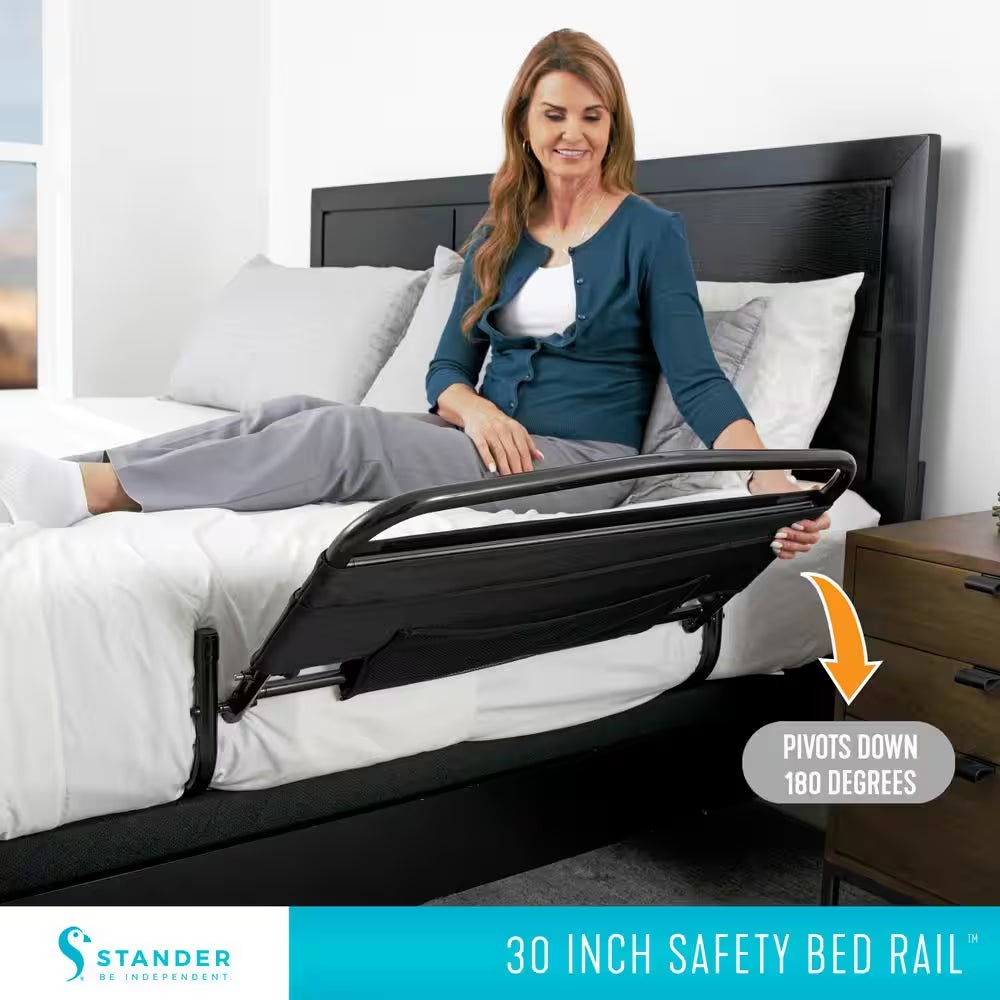 30 In. Safety Bed Rail with Swing-Down Assist Handle and Padded Pouch in Black