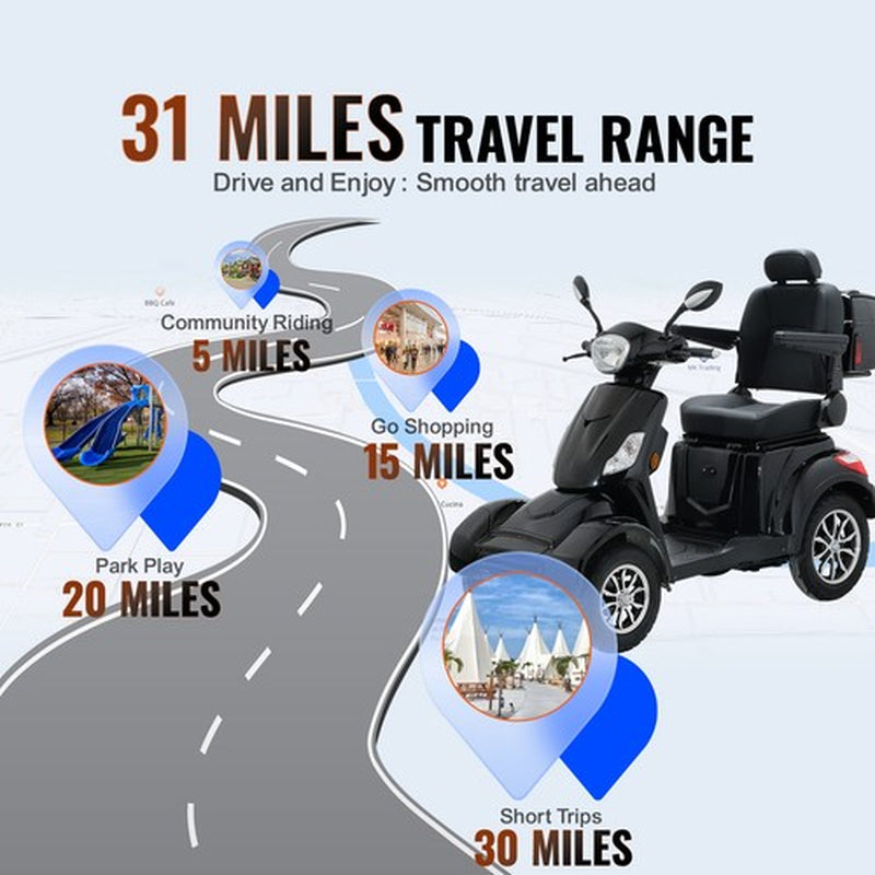 Heavy Duty 4-Wheel Mobility Scooters 31 Miles 3-Speed 800W 500Lbs Capacity