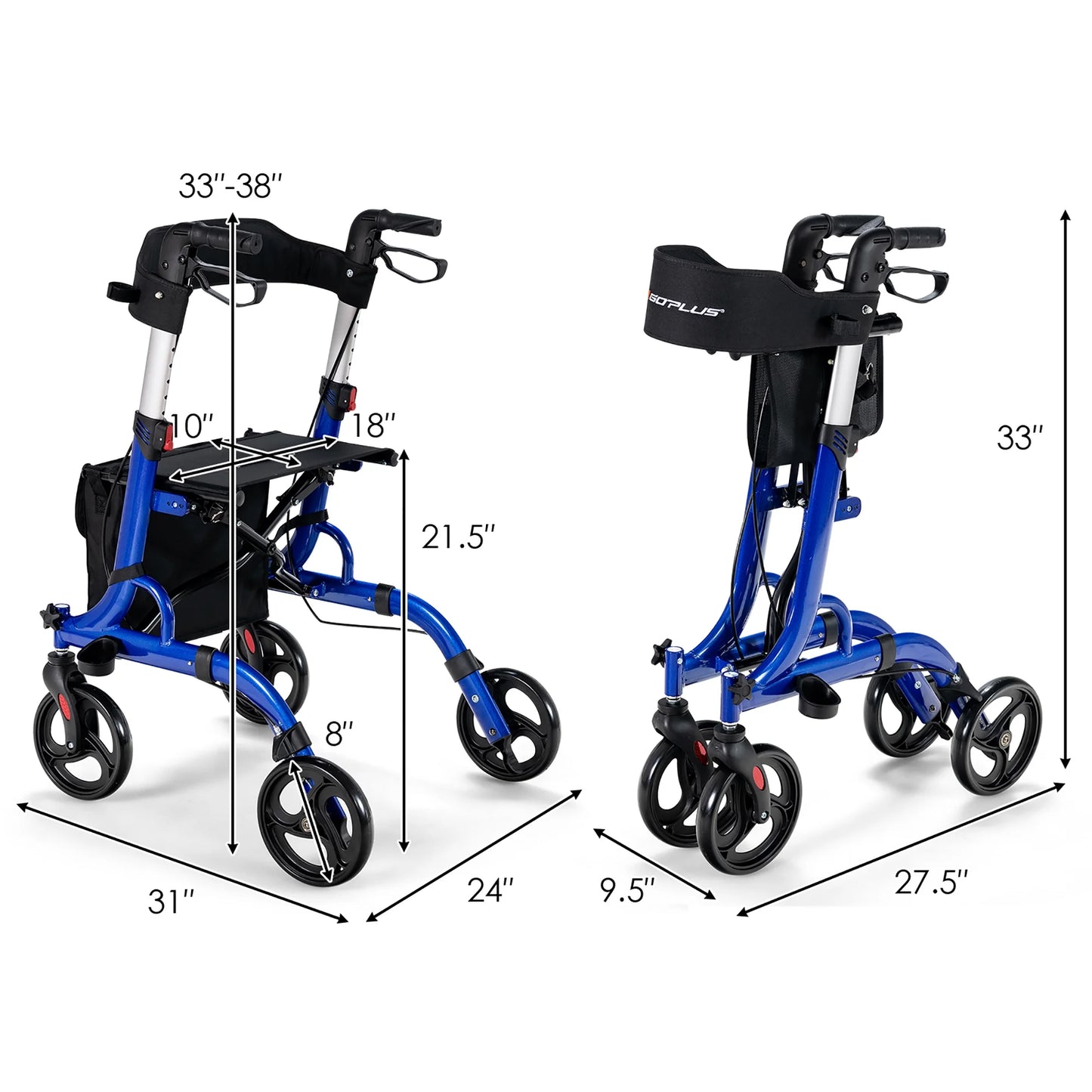Rollator Walker W/ Seat, Folding Aluminum Rolling Walker W/ 8-Inch Wheels, Blue