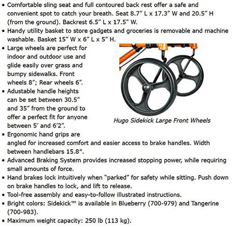 Mobility Sidekick Side-Folding Rollator Walker with Seat, Blueberry