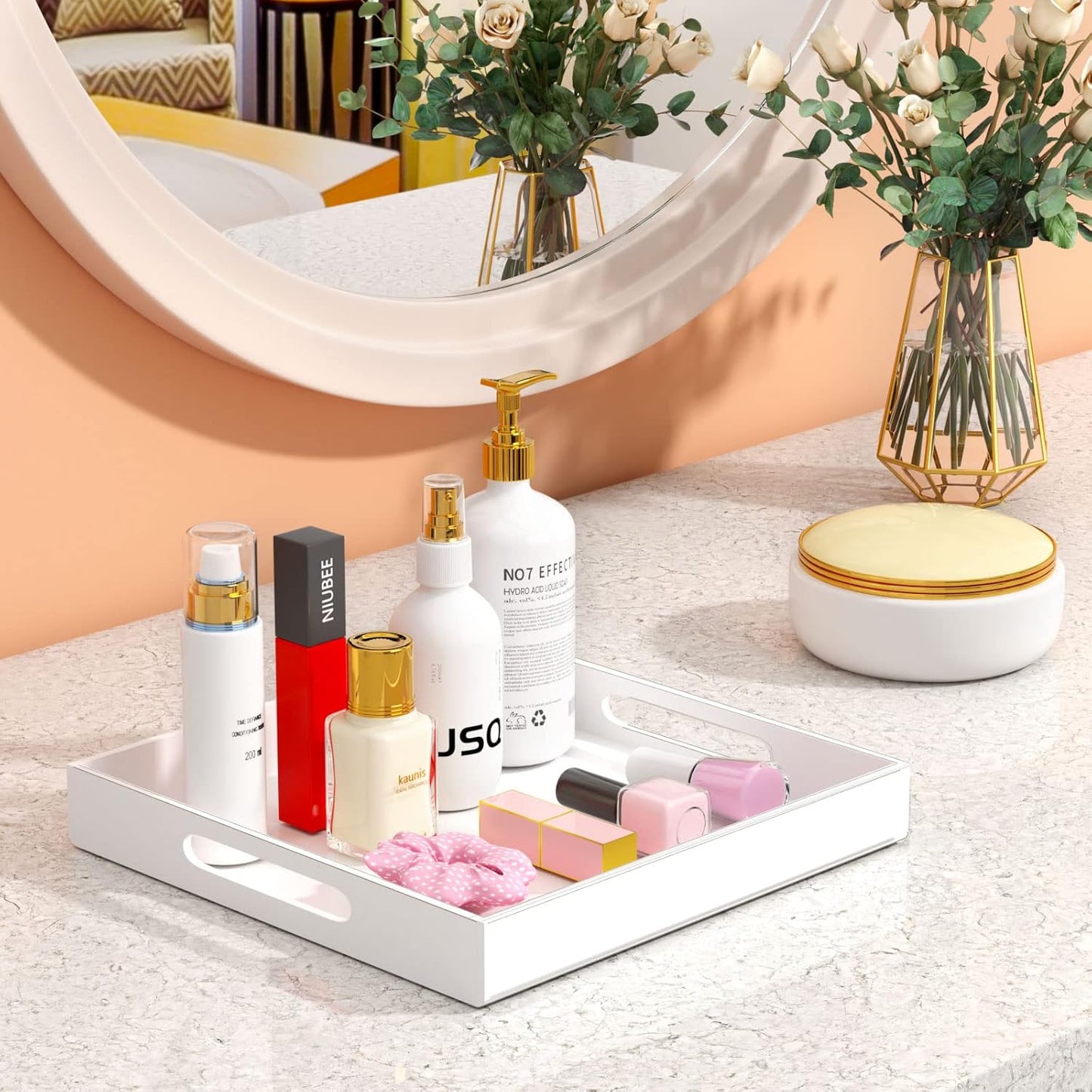 Acrylic Serving Tray 12X12 Inches -Spill Proof- White Decorative Tray Organiser for Ottoman Coffee Table Countertop with Handles