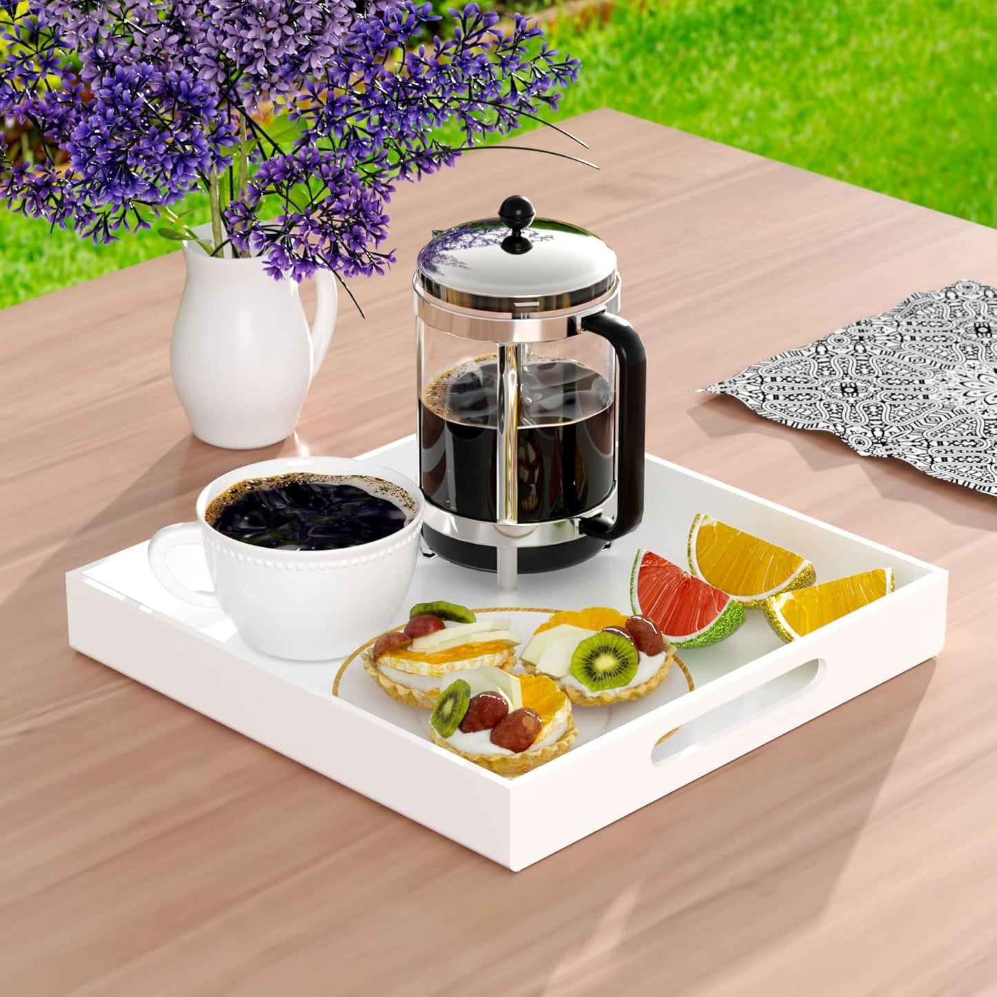 Acrylic Serving Tray 12X12 Inches -Spill Proof- White Decorative Tray Organiser for Ottoman Coffee Table Countertop with Handles