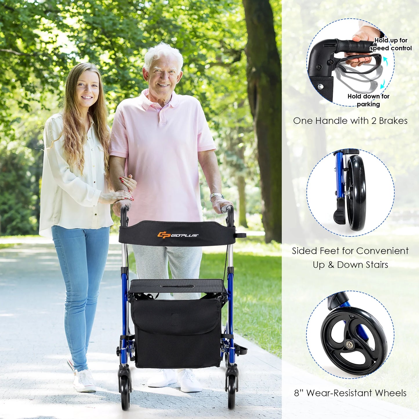 Rollator Walker W/ Seat, Folding Aluminum Rolling Walker W/ 8-Inch Wheels, Blue