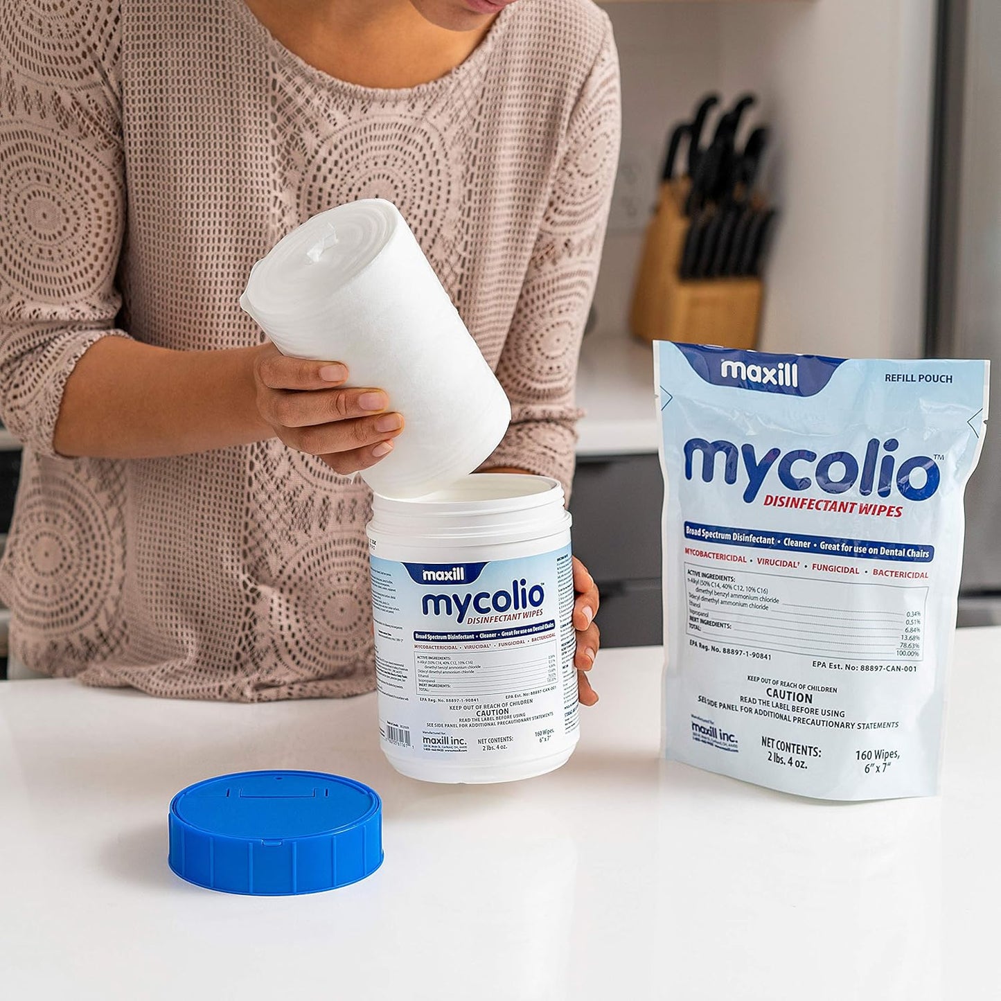 Mycolio Hospital Grade Disinfectant Wipes - 6" X 7" - Disinfecting Antibacterial Sanitizing Cleaning Wipes - 1 Canister + 1 Refill Pouch