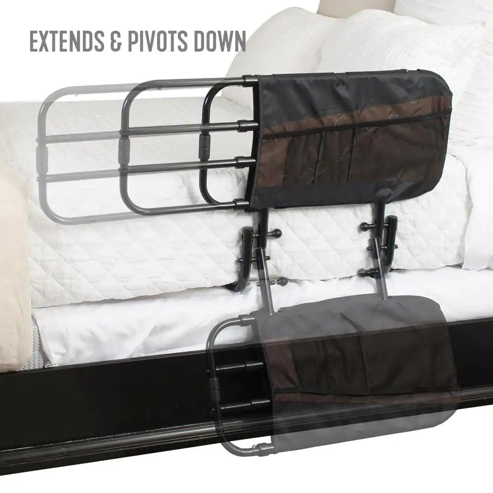 26 In. to 42 In. EZ Adjustable Bed Rail with Swing-Down Safety Railing and Pouch, in Black
