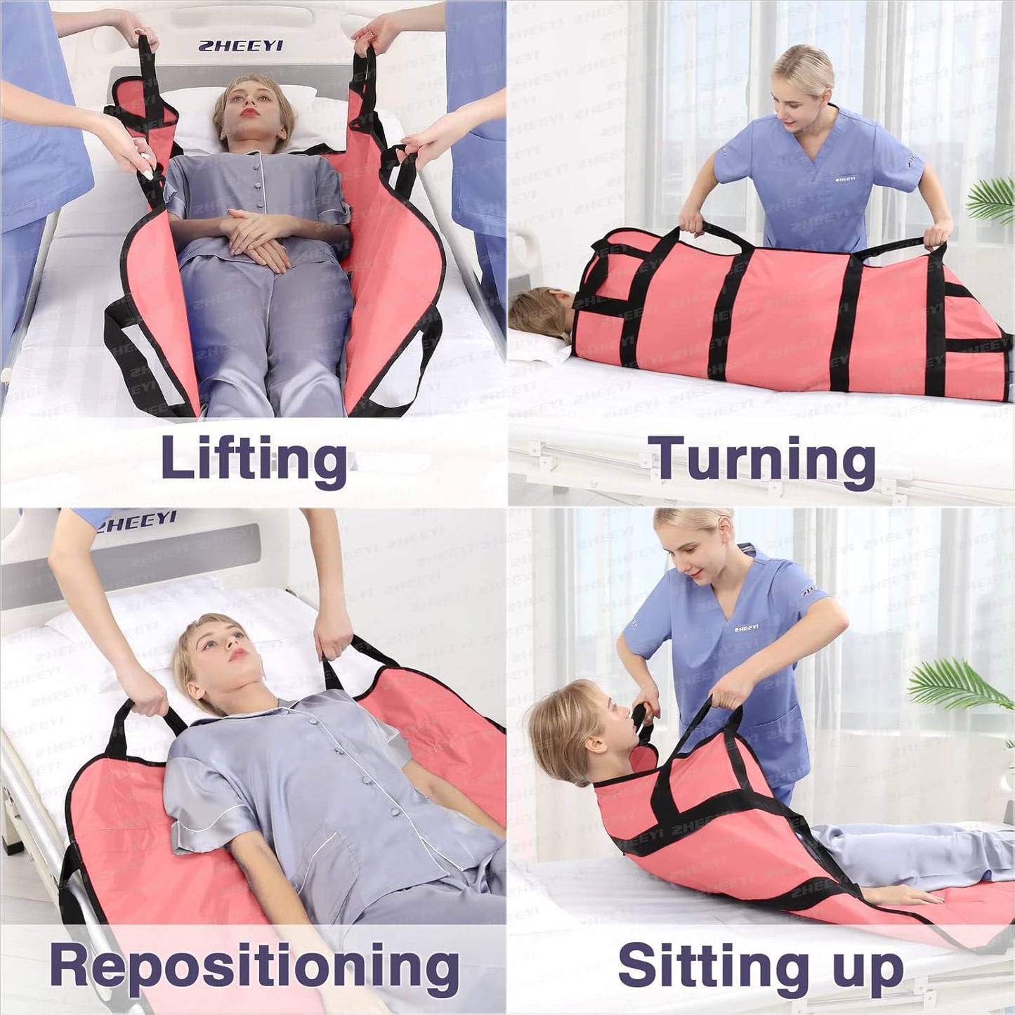 Multipurpose 48" X 40" Positioning Bed Pad with Reinforced Handles - Reusable & Washable Patient Sheet for Turning, Lifting & Repositioning - Double-Sided Nylon Fabric, Pink