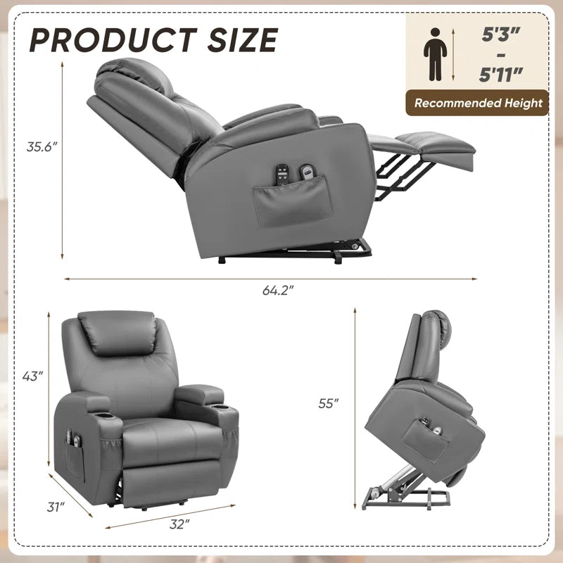 Electric Power Lift Recliner Chair with Massage for Elderly, PU Leather Home Theater Seat with Side Pockets and 2 Cup Holders Ergonomic Lounge Chair Single Sofa for Home Living Room