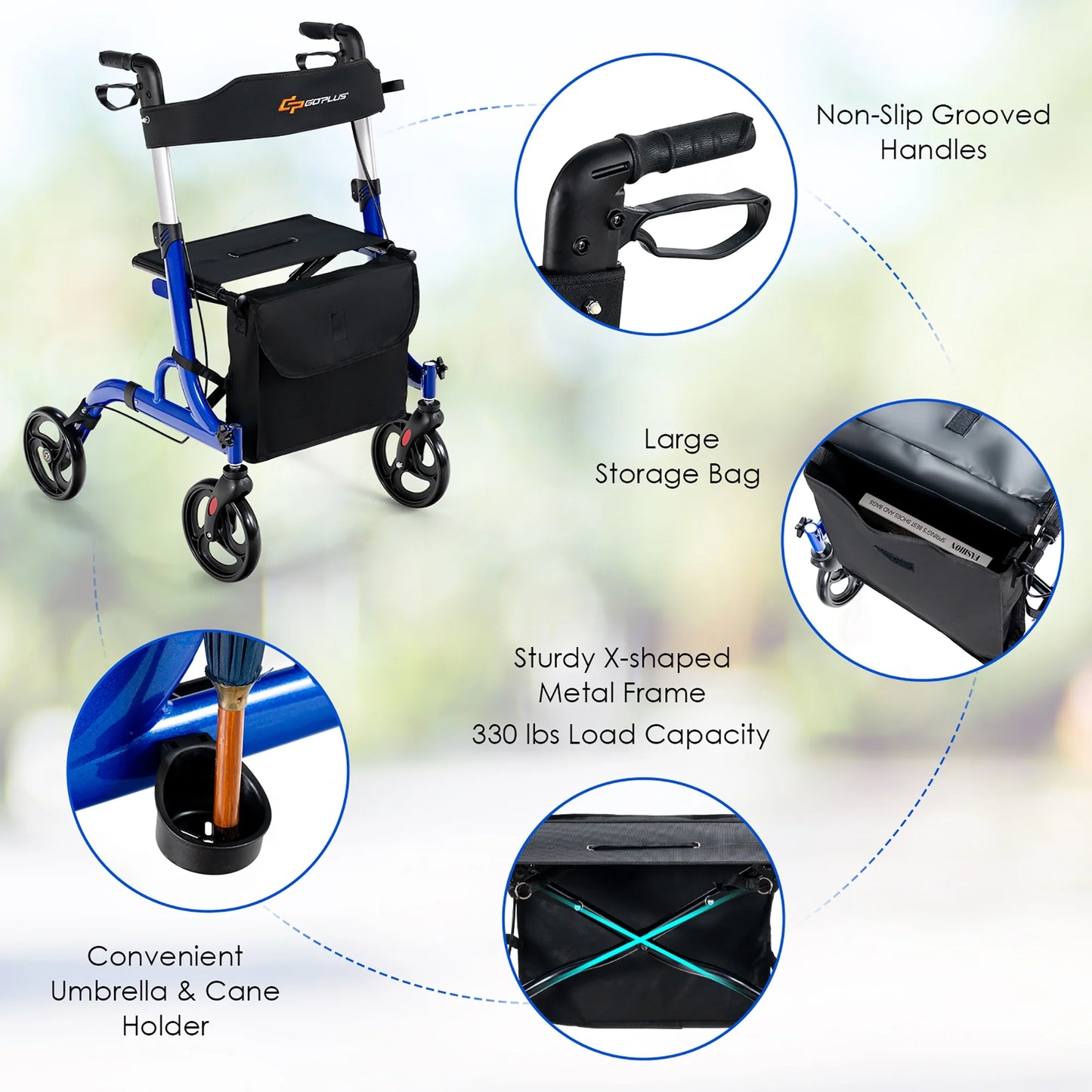 Rollator Walker W/ Seat, Folding Aluminum Rolling Walker W/ 8-Inch Wheels, Blue