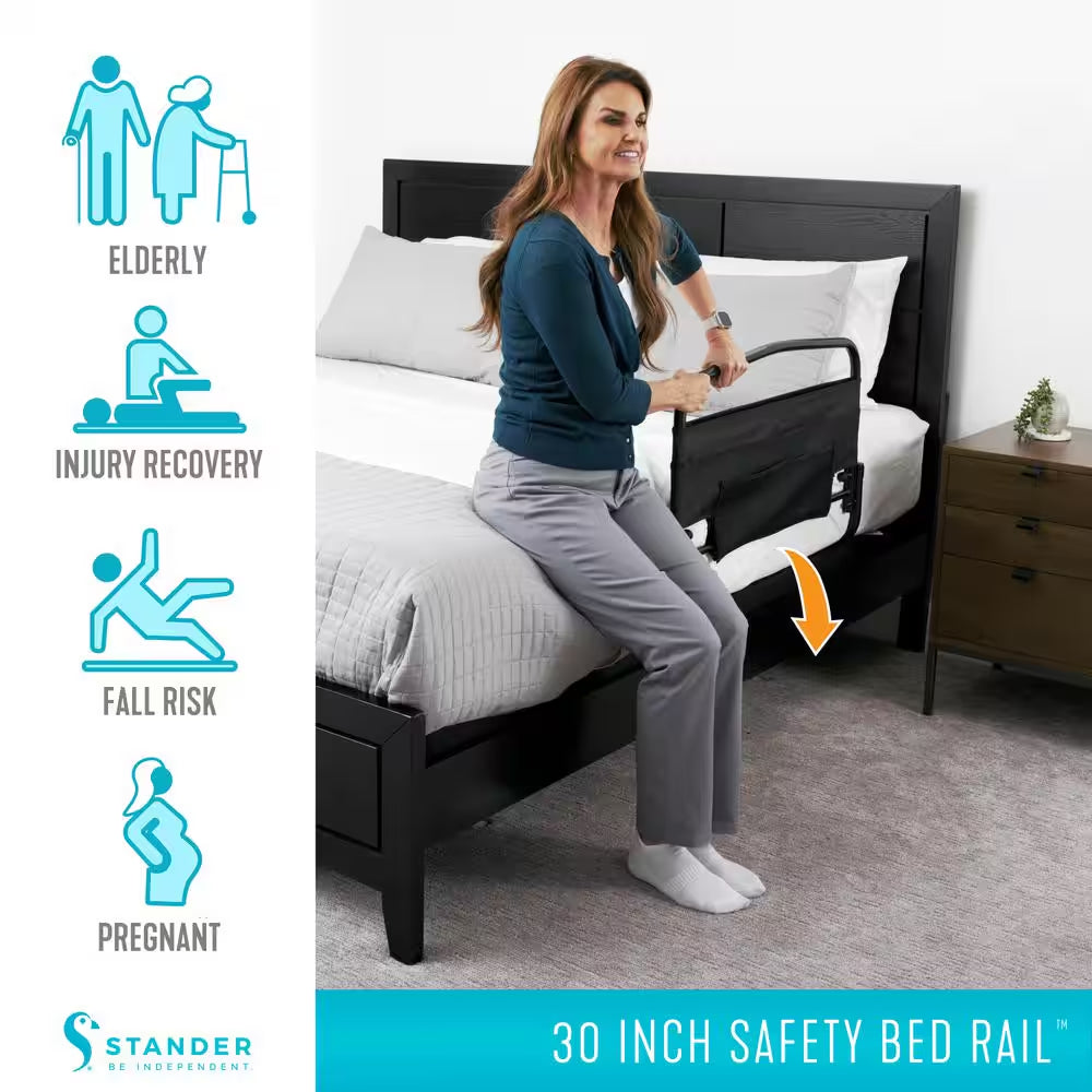 30 In. Safety Bed Rail with Swing-Down Assist Handle and Padded Pouch in Black
