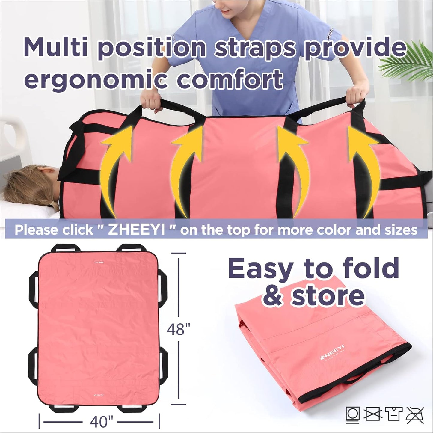 Multipurpose 48" X 40" Positioning Bed Pad with Reinforced Handles - Reusable & Washable Patient Sheet for Turning, Lifting & Repositioning - Double-Sided Nylon Fabric, Pink