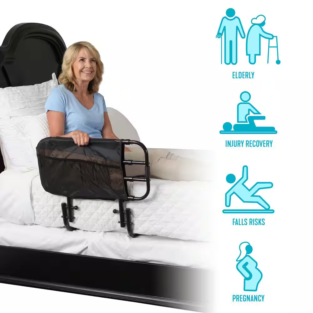 26 In. to 42 In. EZ Adjustable Bed Rail with Swing-Down Safety Railing and Pouch, in Black