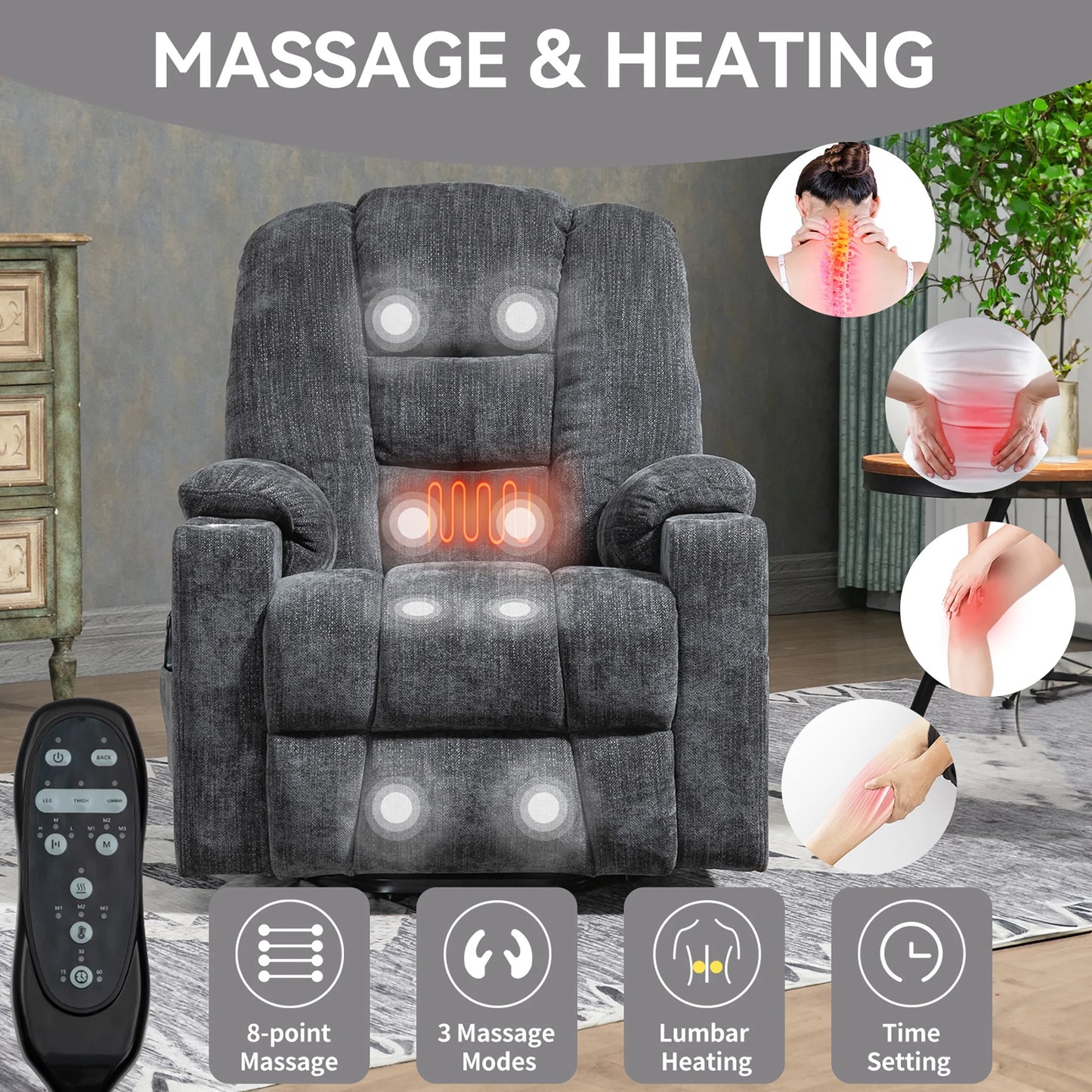 Power Lift Recliner Chair with Massage and Heat for Adult, Heavy Duty Reclining with USB Port and 2 Cup Holders, Living Room Overstuffed Wide Single Sofa Home Theater, Gray