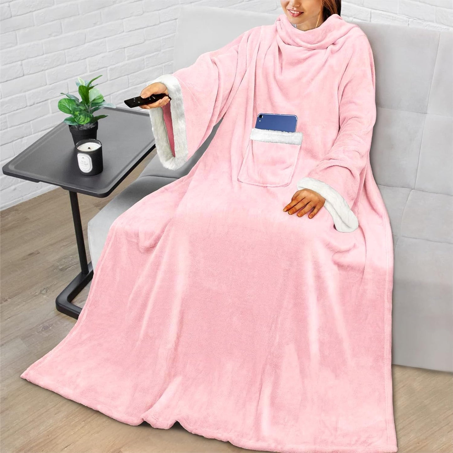 Fleece Blanket with Sleeves for Women Men Adults, Wearable Blanket Warm Soft Plush, Snuggle Pocket Sleeved TV Throw Wrap, Cozy White Elephant Gifts Ideas for Mom Wife, Light Pink