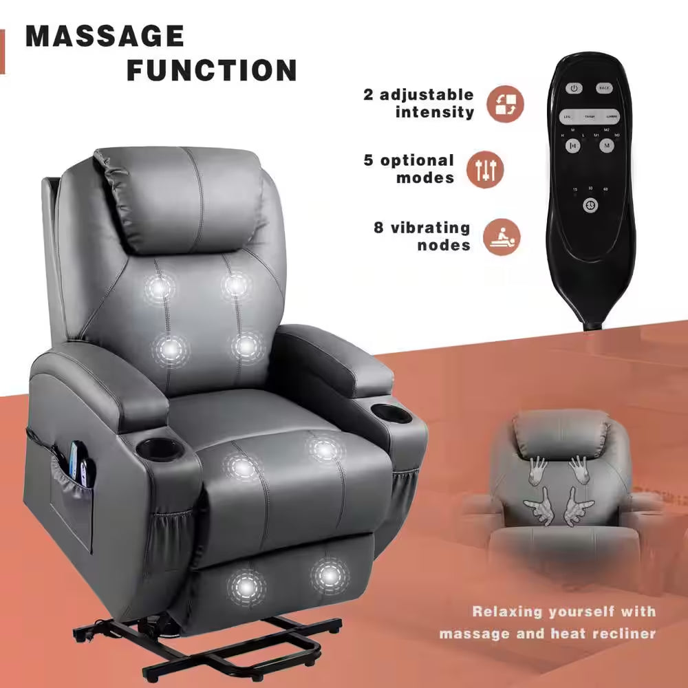 Gray Leather Power Lift Standard (No Motion) Recliner with Power Lift
