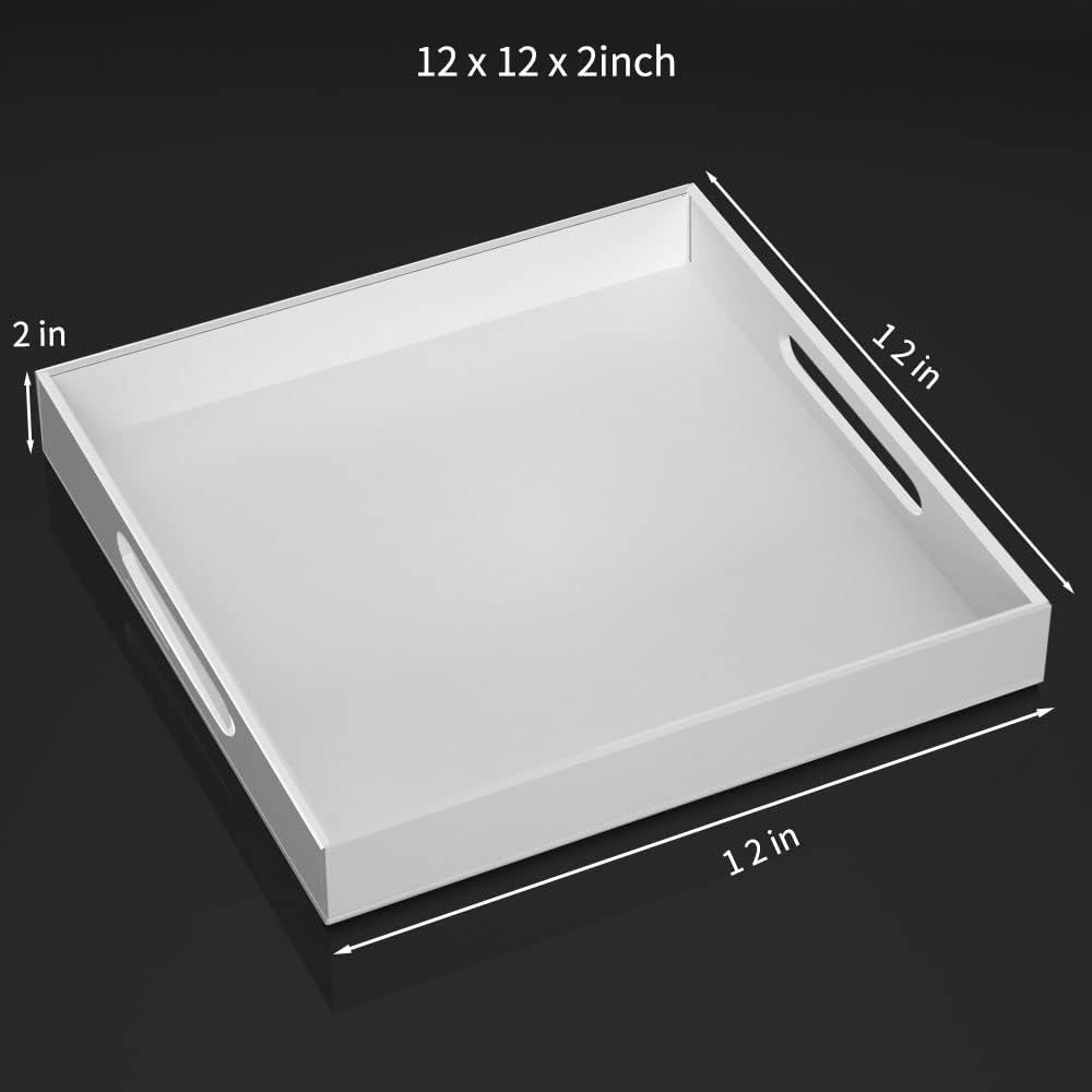 Acrylic Serving Tray 12X12 Inches -Spill Proof- White Decorative Tray Organiser for Ottoman Coffee Table Countertop with Handles