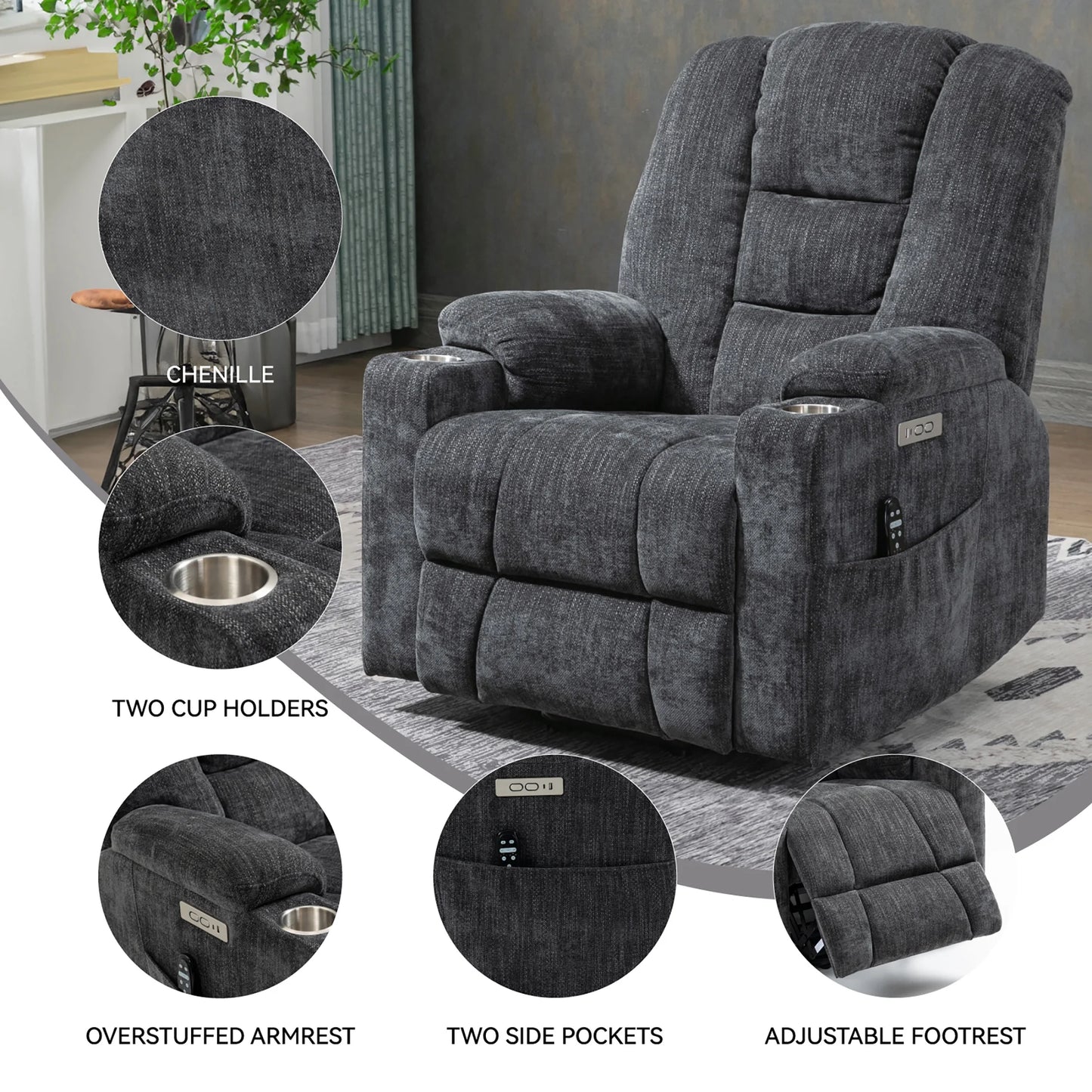 Power Lift Recliner Chair with Massage and Heat for Adult, Heavy Duty Reclining with USB Port and 2 Cup Holders, Living Room Overstuffed Wide Single Sofa Home Theater, Gray